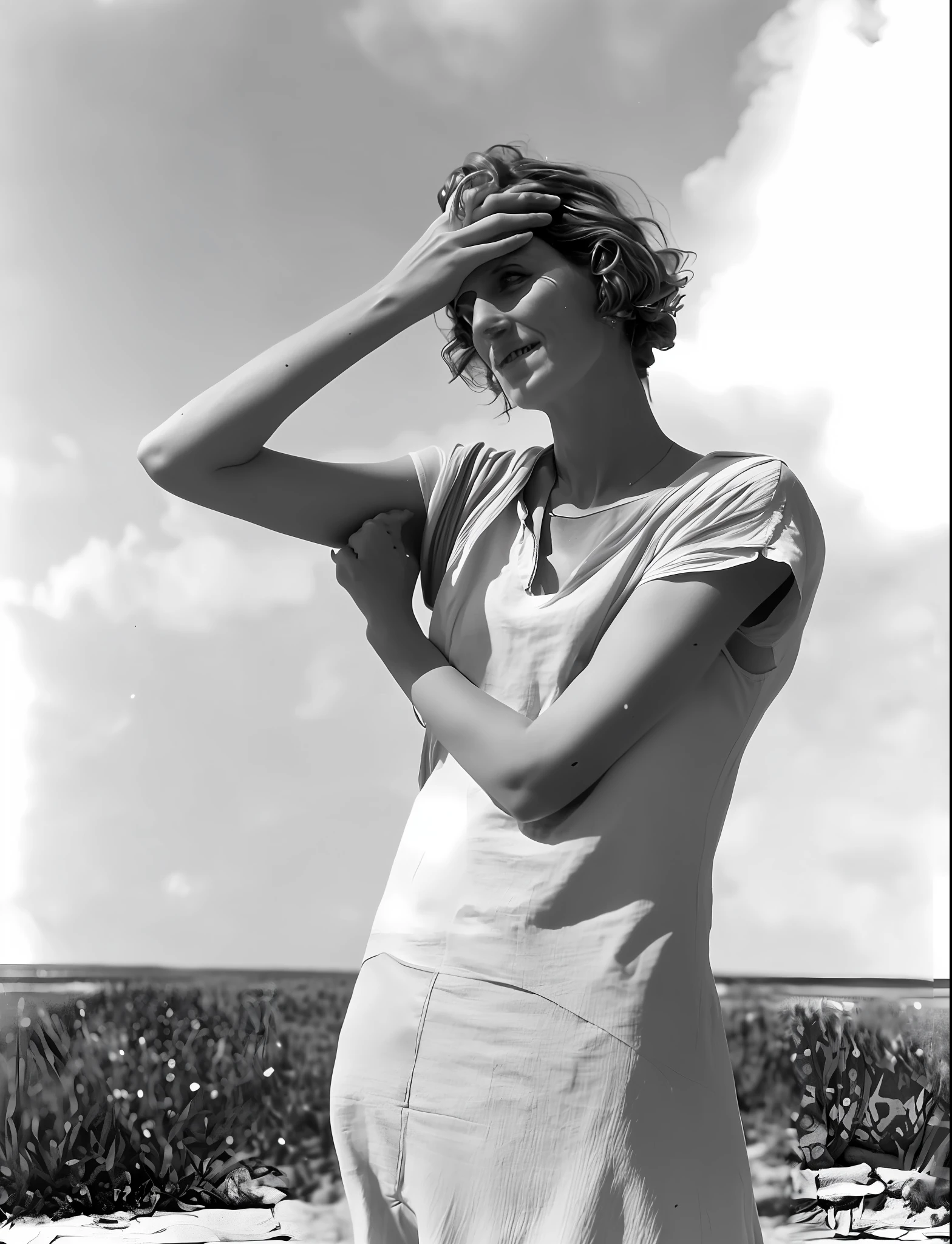 arafed woman in a dress standing on a beach with her hands on her head, by Dorothea Lange, lee miller, inspired by Dorothea Lange, by Kees Scherer, by Alexander Rodchenko, by Rudolf Freund, jean dupas, by Albert Nemethy, close portrait, by Maurycy Gottlieb, woman posing, by Russell Drysdale