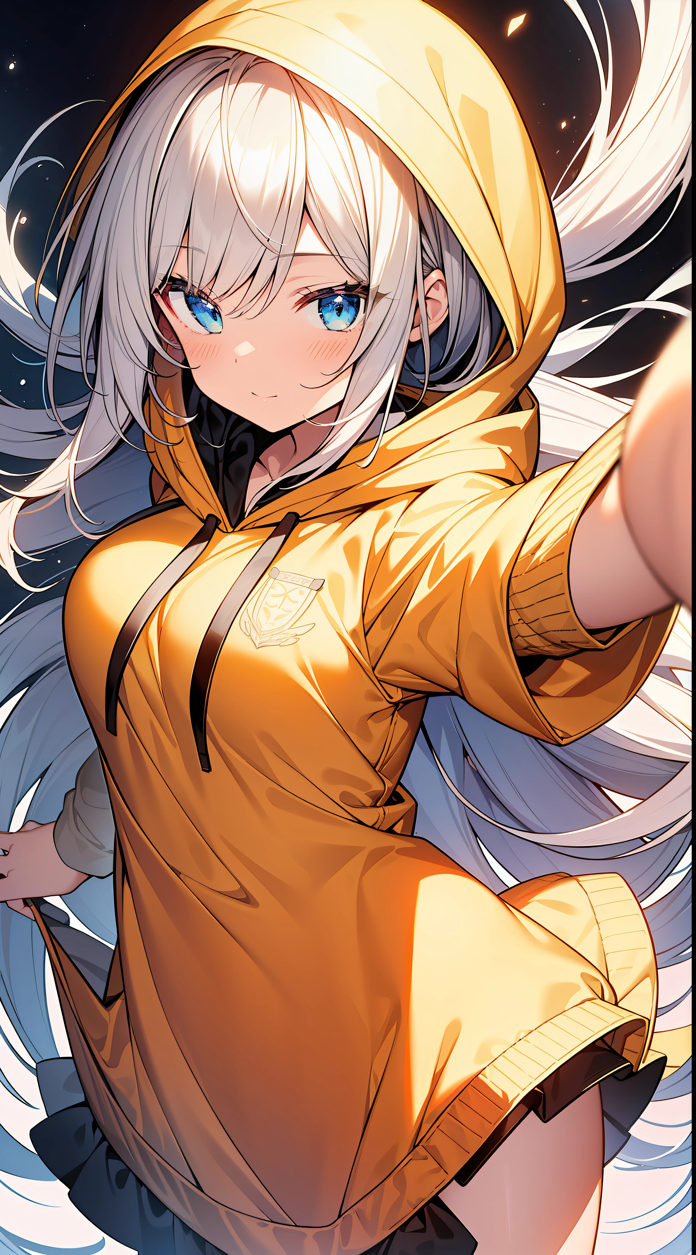 Top Quality, Masterpiece, High Resolution, 8k, Hoodie and Anime Style Girl, One Girl, Detailed Line Art, Bright White and Bright Amber Style, Digital Enhancement, Close Up, Anime Core, Flowing Fabric