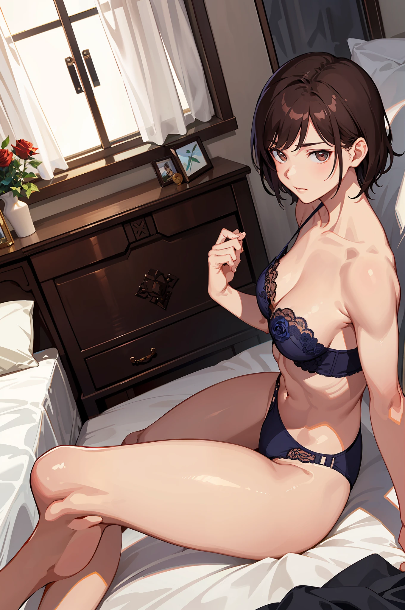 (Masterpiece, Premium Quality: 1.2), Alone, Strong, 1 Girl (Rose Naezakino), lying in bed with short brown hair, brown eyes, blue lingerie, arms raised, armpits, (Barefoot: 1: 1). forehead