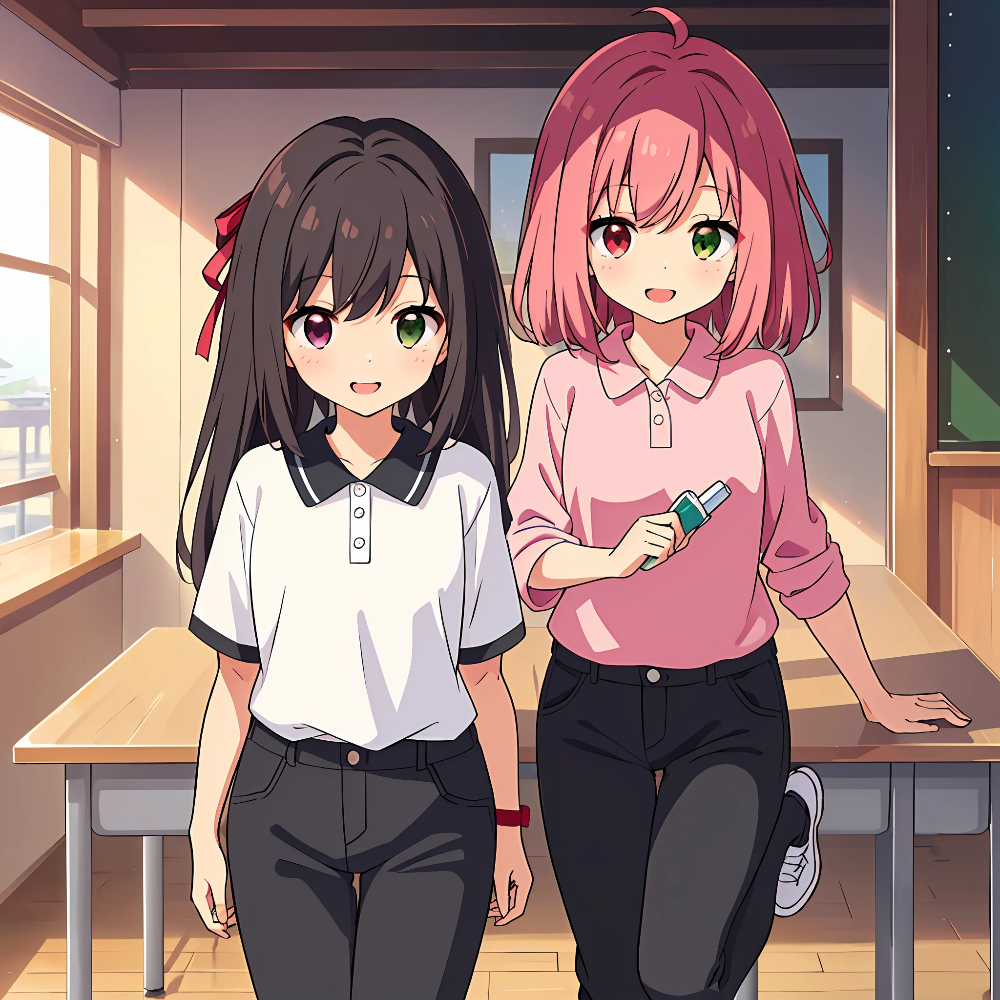 (Masterpiece, Super Detail, Top Quality, 8K, 32K, High Resolution, Kyoto Animation Style Anime Illustration, Top Quality Official Art Features: 1.6), (Heterochromia, Blue and Green Eyes: 1.8), Shining Eyes, (Chibi: 1.8), (Caregiver, One Cute Girl, Solo, Standing, Watch Viewer, Full Body, Predecessor, Cute Open Mouth, Makeup, Cute, Happy Smile (1.3), (Loli: 1.2), (cute: 1.5), (Clothing: black long undershirt, 3-button simple design red polo shirt, black pants), (Footwear: sneakers), (Pale pink hair, twin blades, long hair, hair ribbon, cute ribbon: 1.1), thin eyebrows, big breasts, classroom