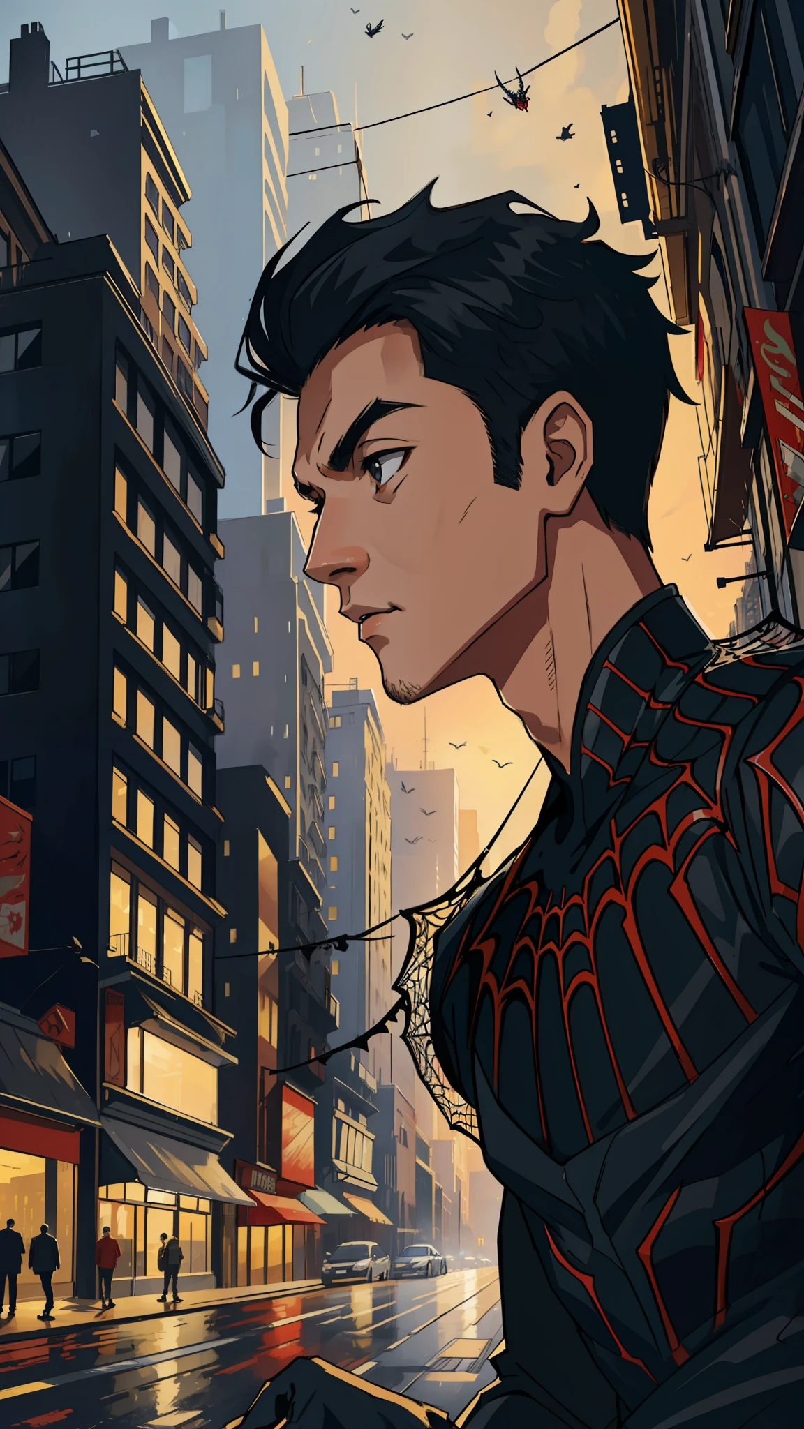 (masterpiece, best quality), intricate details, 8k, artstation, wallpaper, official art, splash art, sharp focus,
1boy, black hair, spider suit, spider web print, spider web,
skyscrappers, city, buildings, cars, street, high quality, amazing background