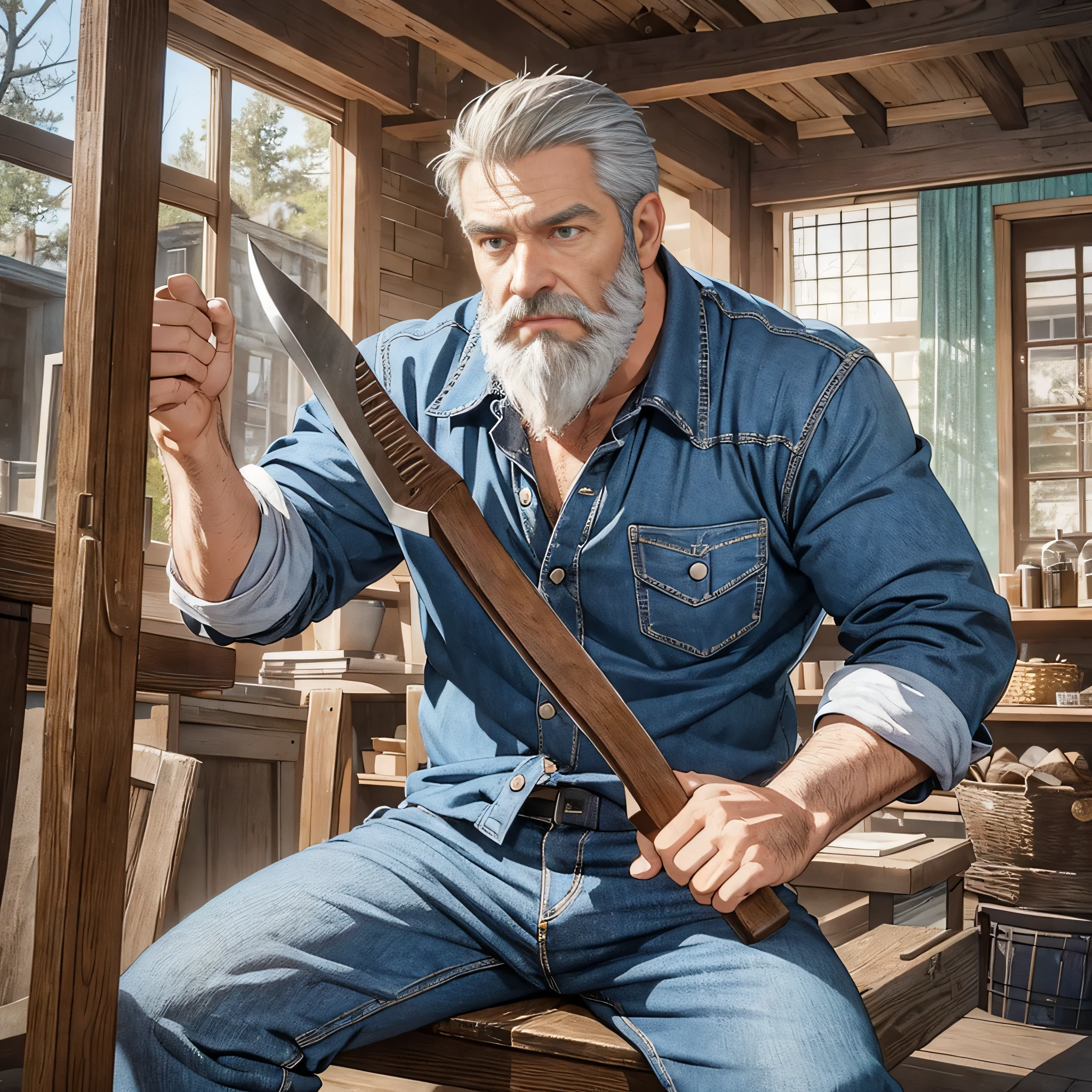 (masterpiece) finest quality, ultra-detailed, ultra-realistic, 40-year-old male, piercing gaze, average person, strong, short beard and gray hair, lumberjack shirt and slouchy jeans, (wielding his axe: 1.3) , in cold and bluish tones, in the background rustic houses and sometimes some vegetation, dynamic angle, high resolution display, realistic lighting and shadows, breathtaking. --auto --s2