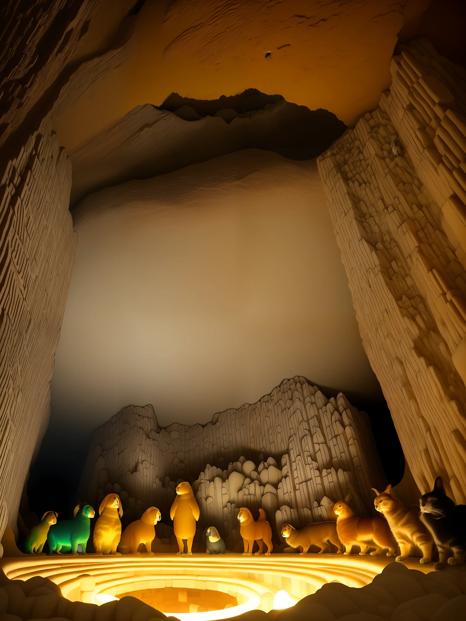 (((Na sala mal iluminada de um antigo :1.5))), (((caverna de aparência esfarrapada :1.5))), 1dog, 1cat, 1rabbit, 1parrot, (((The dog, cat, rabbit, and parrot navigate a labyrinthine cave system :1.5))), guided by their unwavering trust and cooperation, as the cave walls sparkle with precious gemstones, Sculpture, created with a combination of crystal and metal, capturing the intricacies of the cave and the unity of the animal companions in their shared quest, --ar 9:16 --v 5