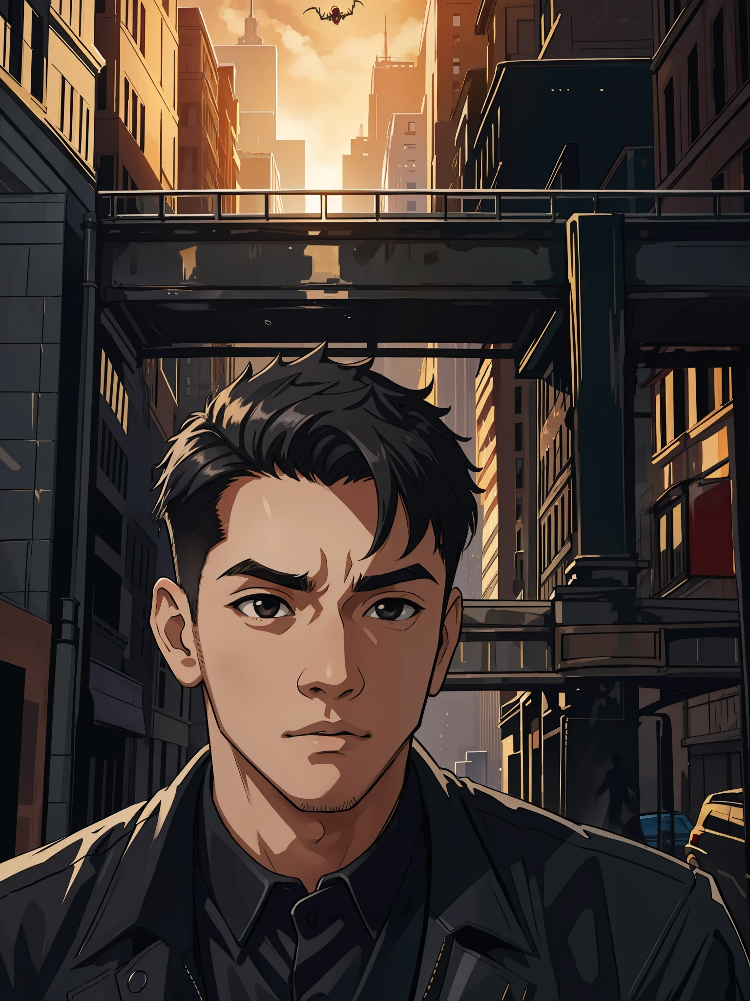 (masterpiece, best quality), intricate details, 8k, artstation, wallpaper, official art, splash art, sharp focus,
1boy, short hair, twin tails, black eyes, black hair,
spider suit, web print, cobweb,
skyscraper, city, buildings, cars, street, boy