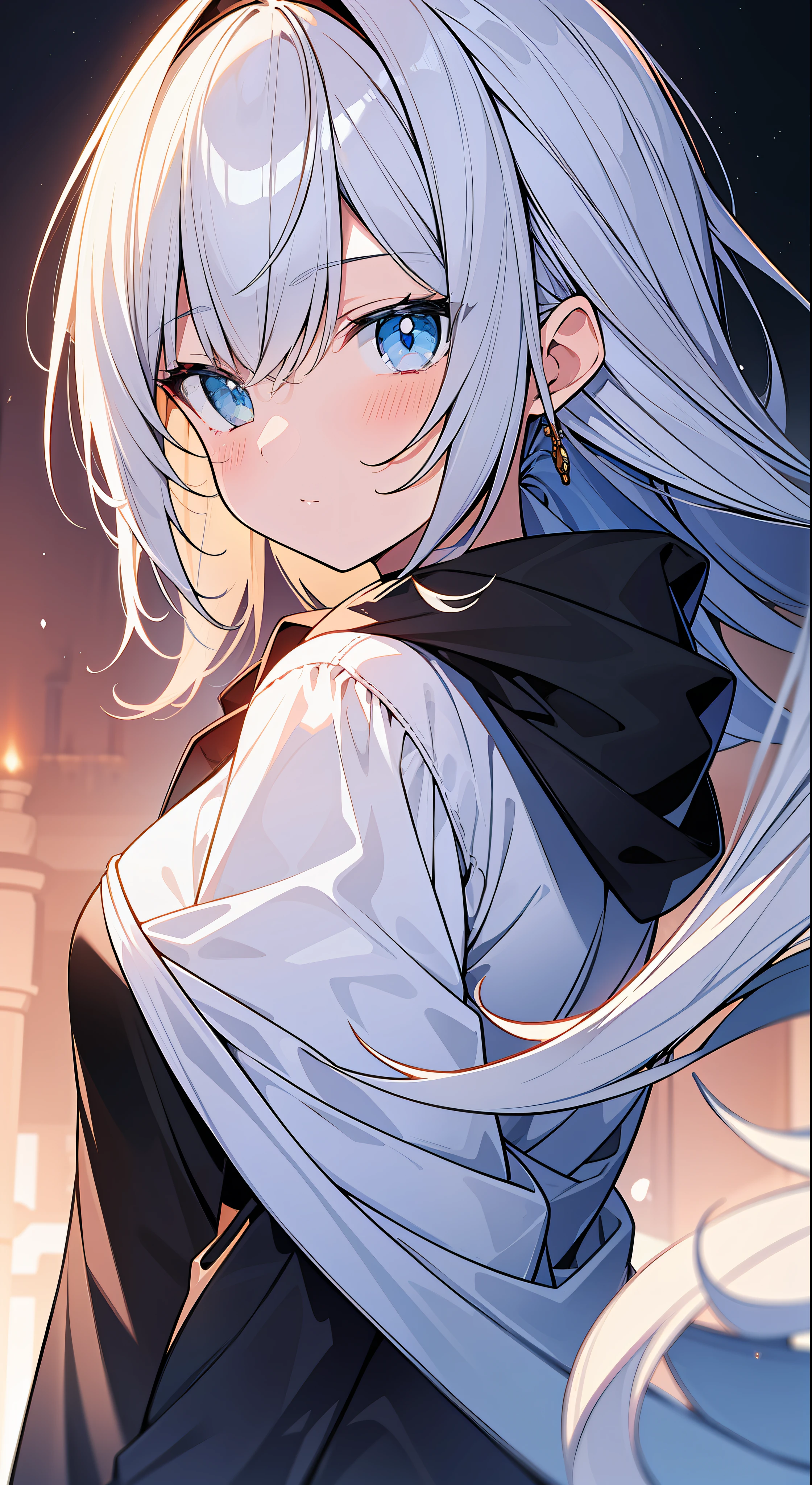 Top Quality, Masterpiece, High Resolution, 8k, Hoodie and Anime Style Girl, One Girl, Detailed Line Art, Bright White and Bright Amber Style, Digital Enhancement, Close Up, Anime Core, Flowing Fabric