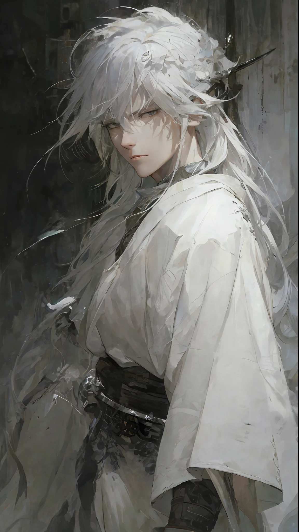 a close up of a person with white hair and a sword, white haired deity, with white long hair, with long white hair, artwork in the style of guweiz, white haired, guweiz, handsome guy in demon slayer art, beautiful character painting, by Yang J, white-haired, guweiz on pixiv artstation, anime character