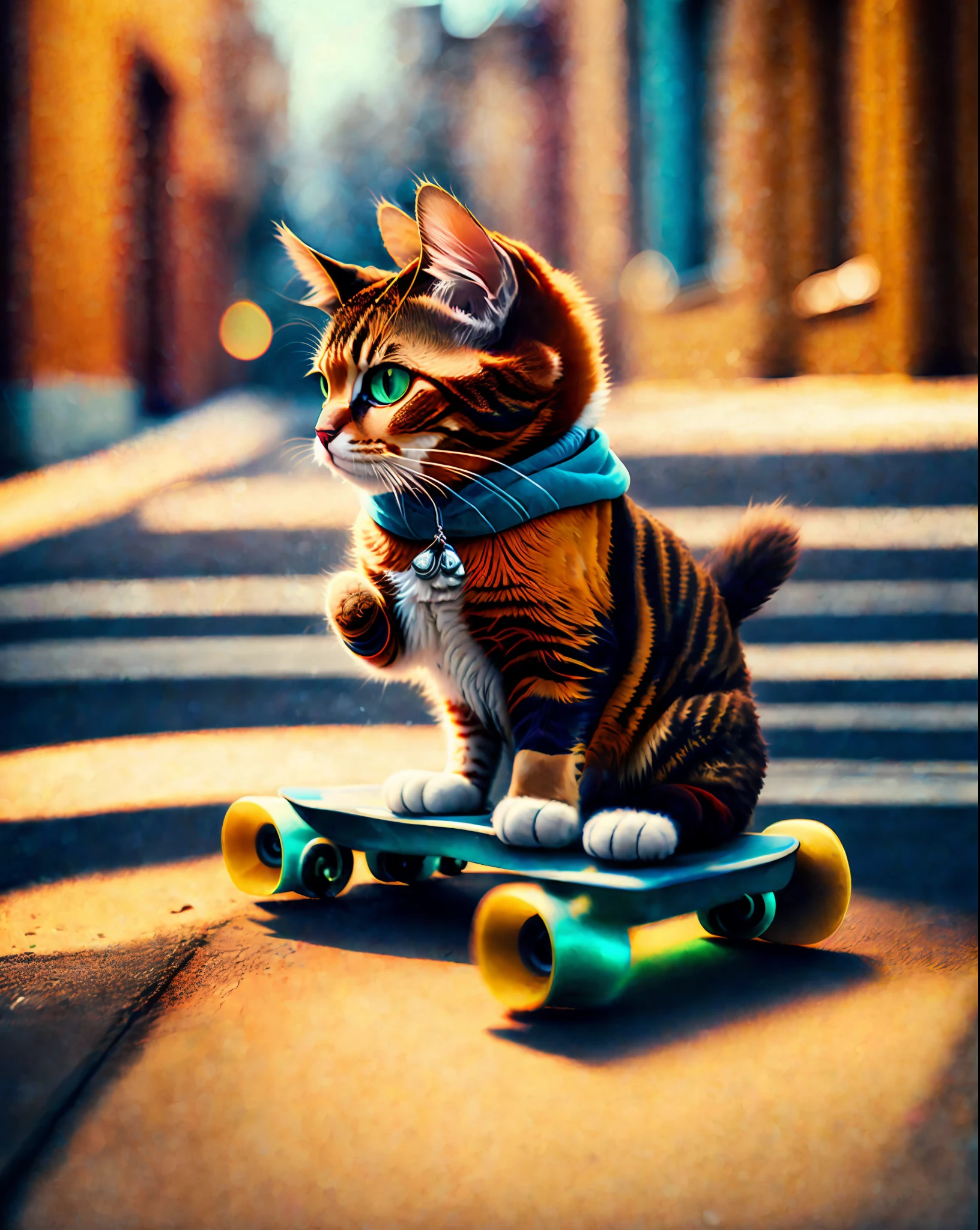 Cat Siames downhill skate on the street, medium format photography, tilt shift photography, cinematic, cinematic color grade, film composition, bokeh, lens flare
