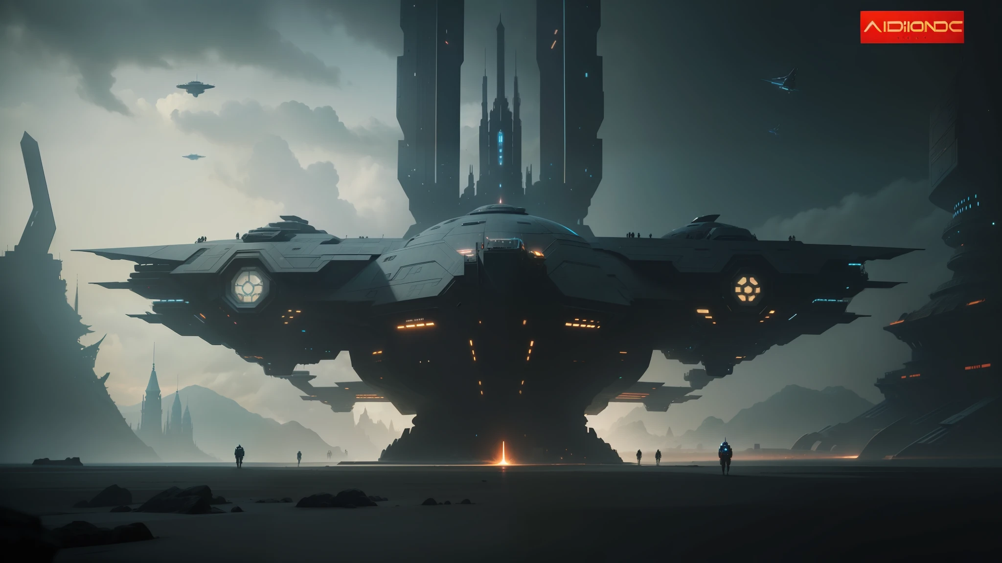 spaceships and people in a sci - fi environment with a dark sky, symmetrical artwork. cinematic, bigstudiovfx, large gate, of a family leaving a spaceship, sculpture of moloch, korean mmo, still image from the movie, large arrays, the palace of ai, maw art --auto --s2