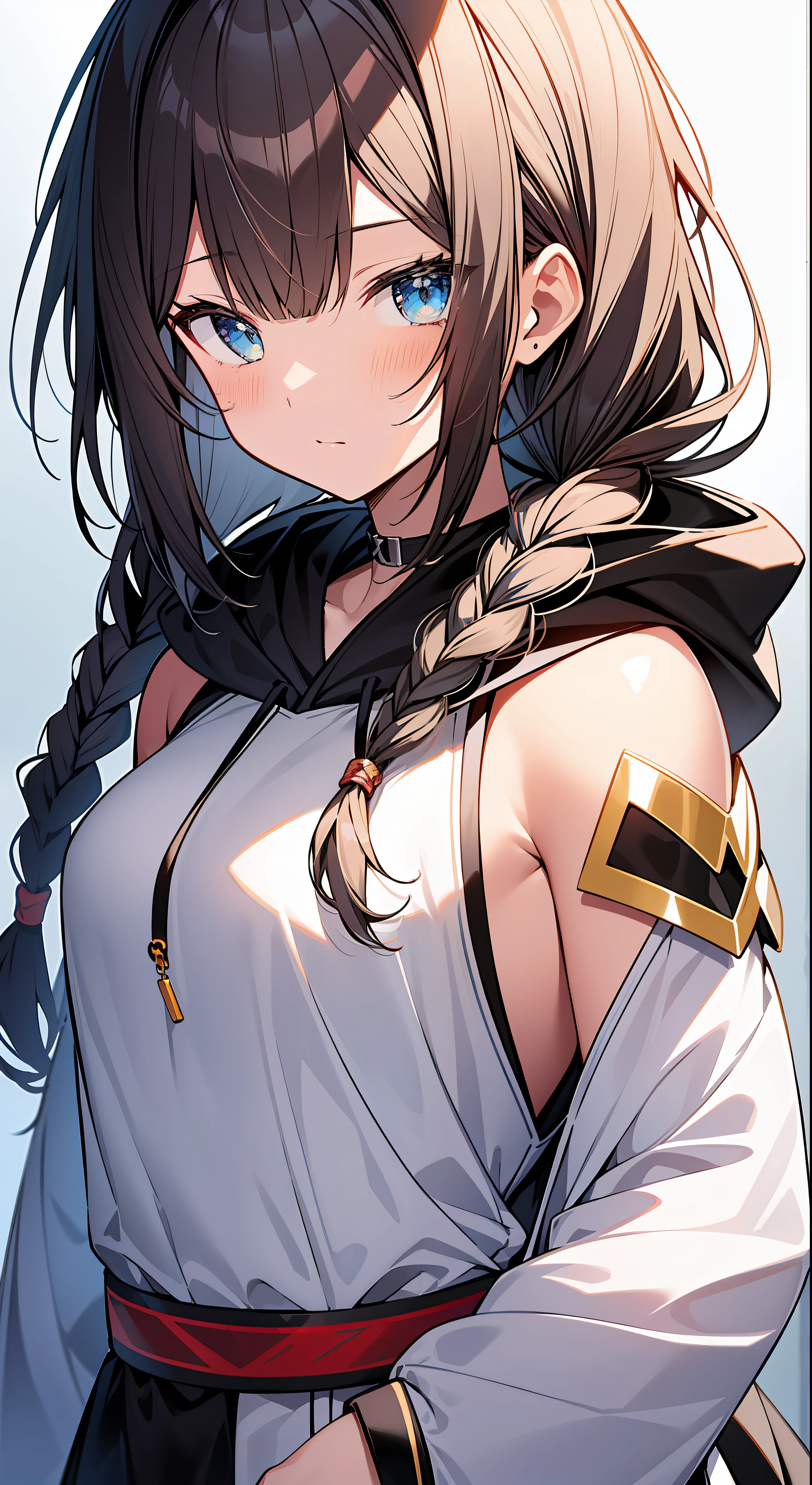 Top Quality, Masterpiece, High Resolution, 8k, Hoodie and Anime Style Girl, One Girl, Detailed Line Art, Bright White and Bright Amber Style, Digital Enhancement, Close Up, Anime Core, Flowing Fabric, Short Braids with shoulder-length hair, Beautiful hair