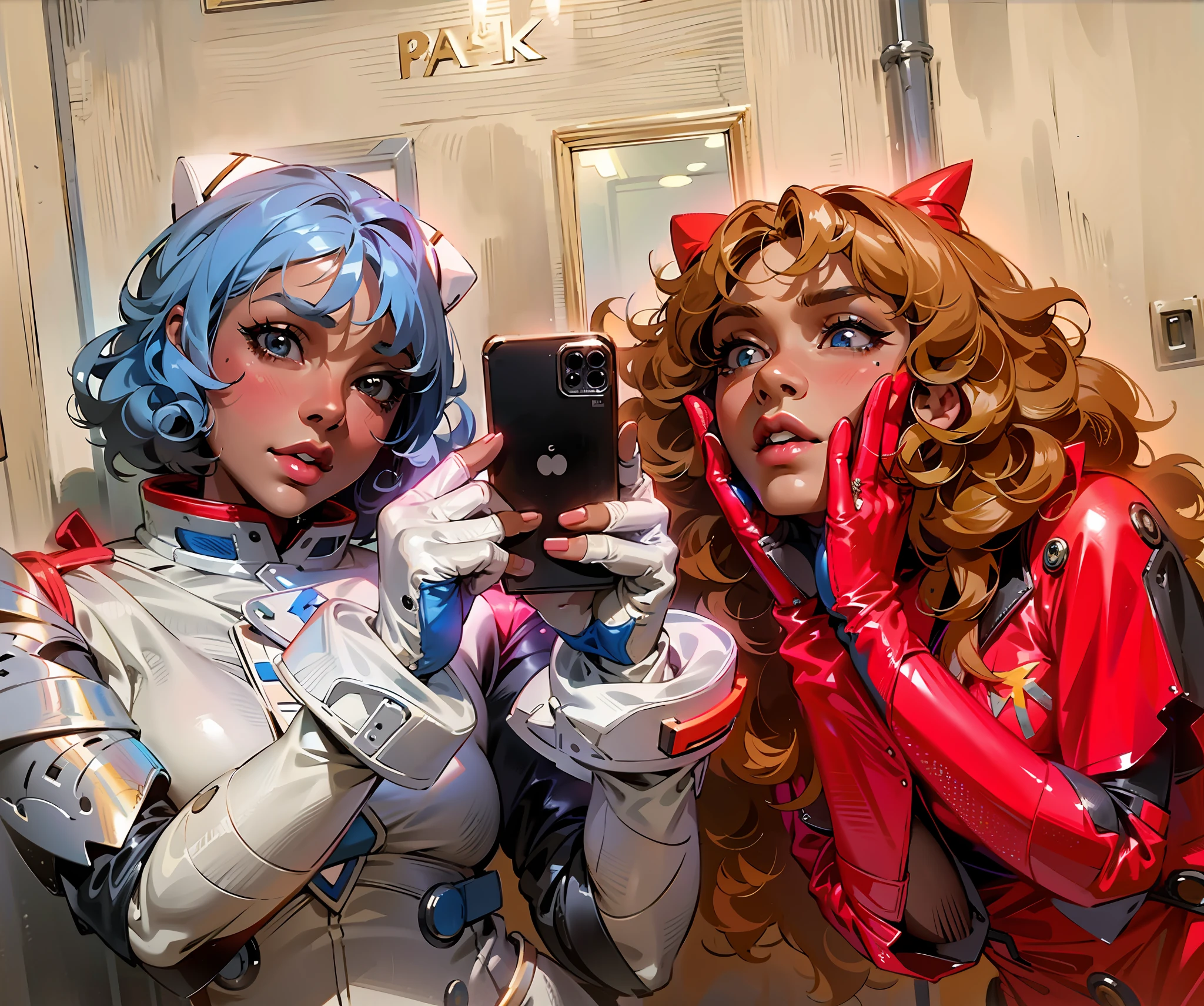 Beautiful women, perfect lips, extremely detailed clothes, sexy, mature, perfectly drawn eyes, 4k resolution, staring straight ahead, taking picture of the front of the mirror, cosplay, black women, extremely realistic face, woman holding a cell phone to hit photo, Blake poem hair, curly hair curled