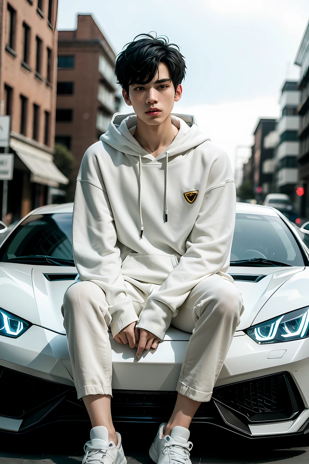 1boy, solo, white hoodie, black long pants, white shoes, front of Lamborghini, street, white skin, 18 year old, sitting irregularly, multi-colored hair, black eyes, frown, detailed face, detailed eyes, Eye-Level Shot, god rays, glowing light, modern, 85mm, Nikon, super detail, textured skin, anatomically correct, highres, best quality, 8k, masterpiece