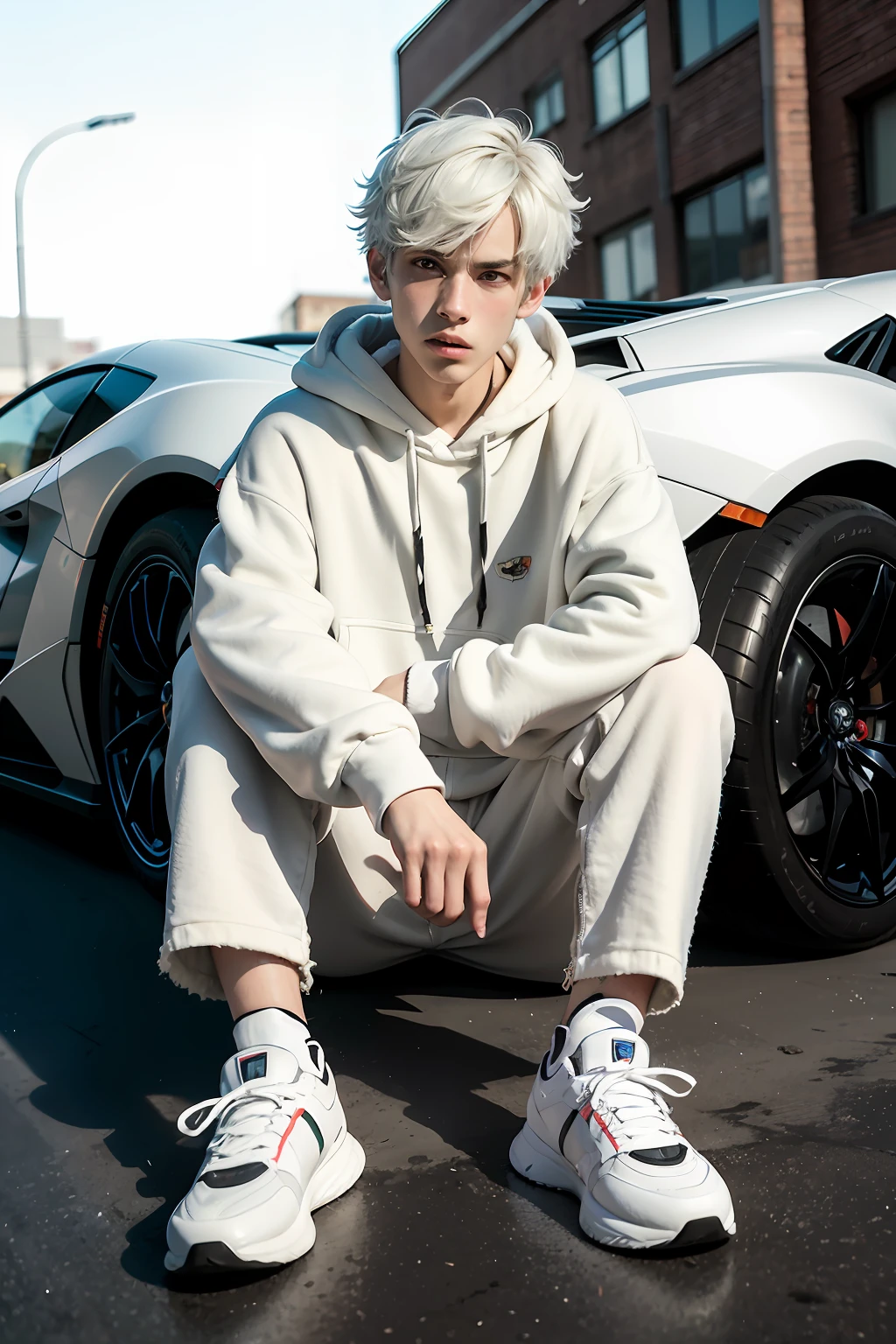 1boy, solo, white hoodie, black long pants, white shoes, front of Lamborghini, street, white skin, 18 year old, sitting irregularly, multi-colored hair, black eyes, frown, detailed face, detailed eyes, Eye-Level Shot, god rays, glowing light, modern, 85mm, Nikon, super detail, textured skin, anatomically correct, highres, best quality, 8k, masterpiece