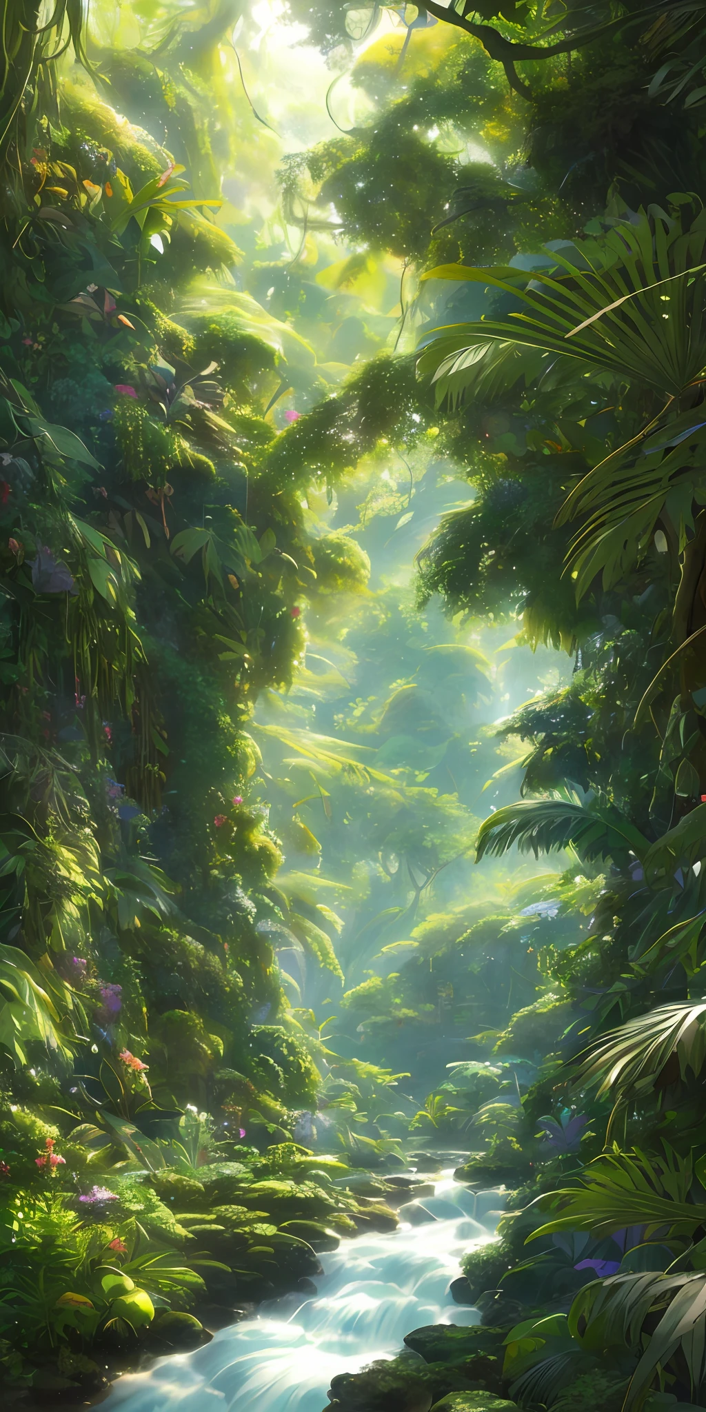Digital illustration, detailed and intricate, of a lush tropical jungle filled with exotic flowers, plants and animals, the sunlight filtering through the canopy creating a dappled effect. A quiet river with small steps runs through the jungle, In the style of Yoshitaka Amano and Hayao Miyazaki, masterpiece, proportional, detailed, trending on artstation, beautiful lighting, realistic, intricate, award winning, 4k, highest quality, Award-winning, 4K digital painting in the style of Yoshitaka Amano. Beautiful lighting and cinematic composition make this piece a true masterpiece, trending on artstation