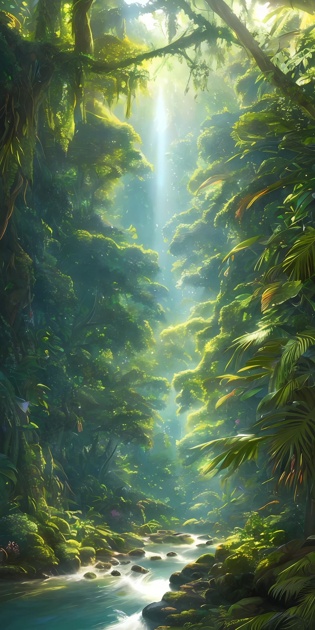 Digital illustration, detailed and intricate, of a lush tropical jungle filled with exotic flowers, plants and animals, the sunlight filtering through the canopy creating a dappled effect. A quiet river with small steps runs through the jungle, In the style of Yoshitaka Amano and Hayao Miyazaki, masterpiece, proportional, detailed, trending on artstation, beautiful lighting, realistic, intricate, award winning, 4k, highest quality, Award-winning, 4K digital painting in the style of Yoshitaka Amano. Beautiful lighting and cinematic composition make this piece a true masterpiece, trending on artstation