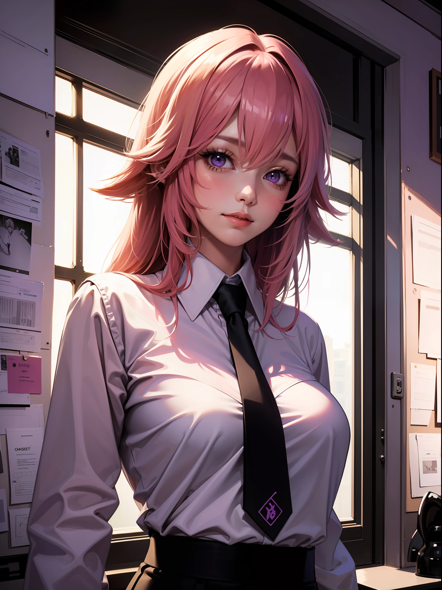 masterpiece, best quality, ultra-detailed, illustration, epic lighting, cinematic composition, isometric, 1girl, solo, cute, purple eyes, pink hair, swept bangs, single sidelock, white collared shirt, black necktie, black pants, formal, enchanting gaze, captivating pose, indoors, office, door, opening door, looking at viewer, peeking out upper body, blush, seductive smile, closed mouth,(8k:1.1),
