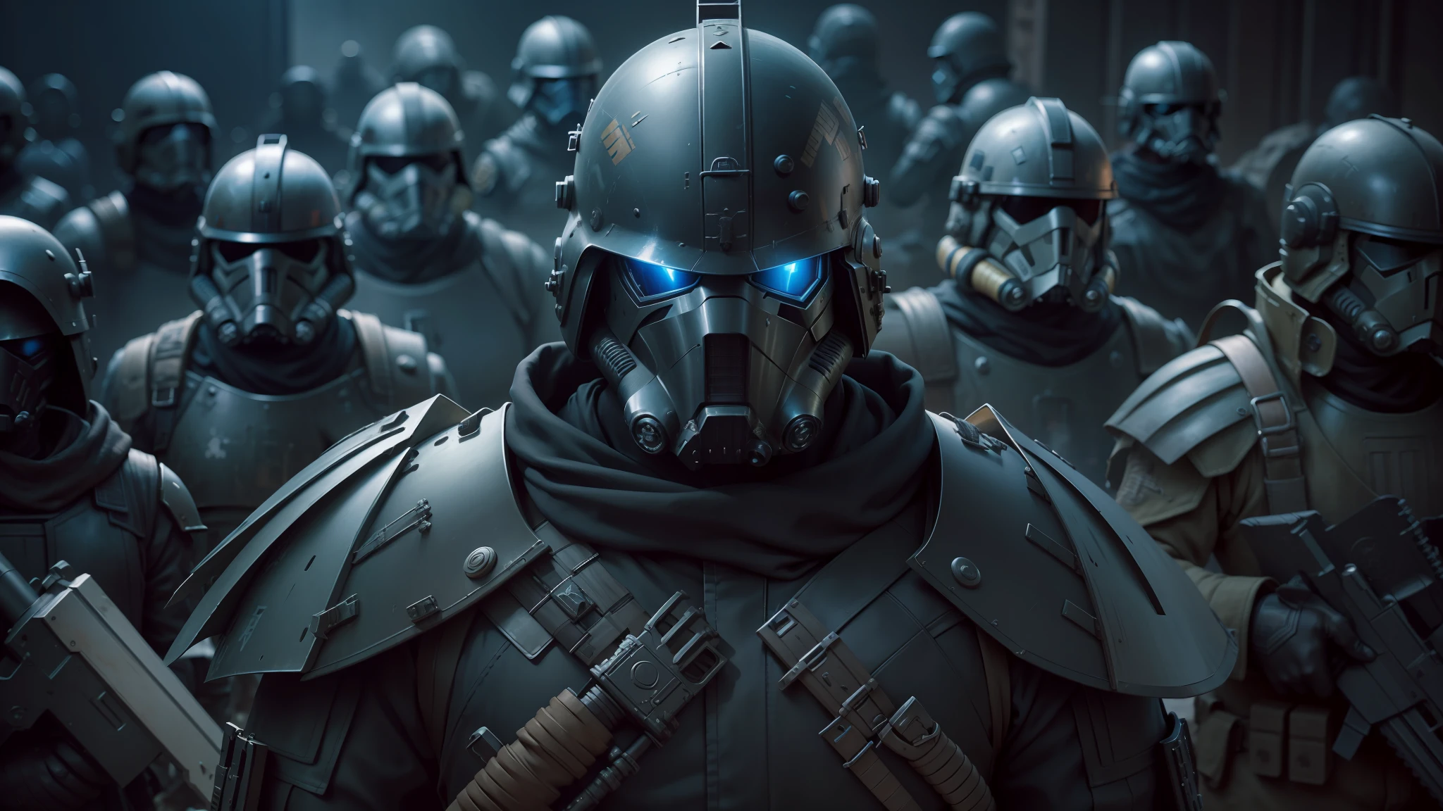 a close up of a group of soldiers with helmets and weapons, mortal engines, outer worlds, nekro iii, metal mask, trooper, source engine, cgi animation, kit bash, tactical squads :9, full-body character portrait, the shrike, from star wars, anime cgi --auto --s2