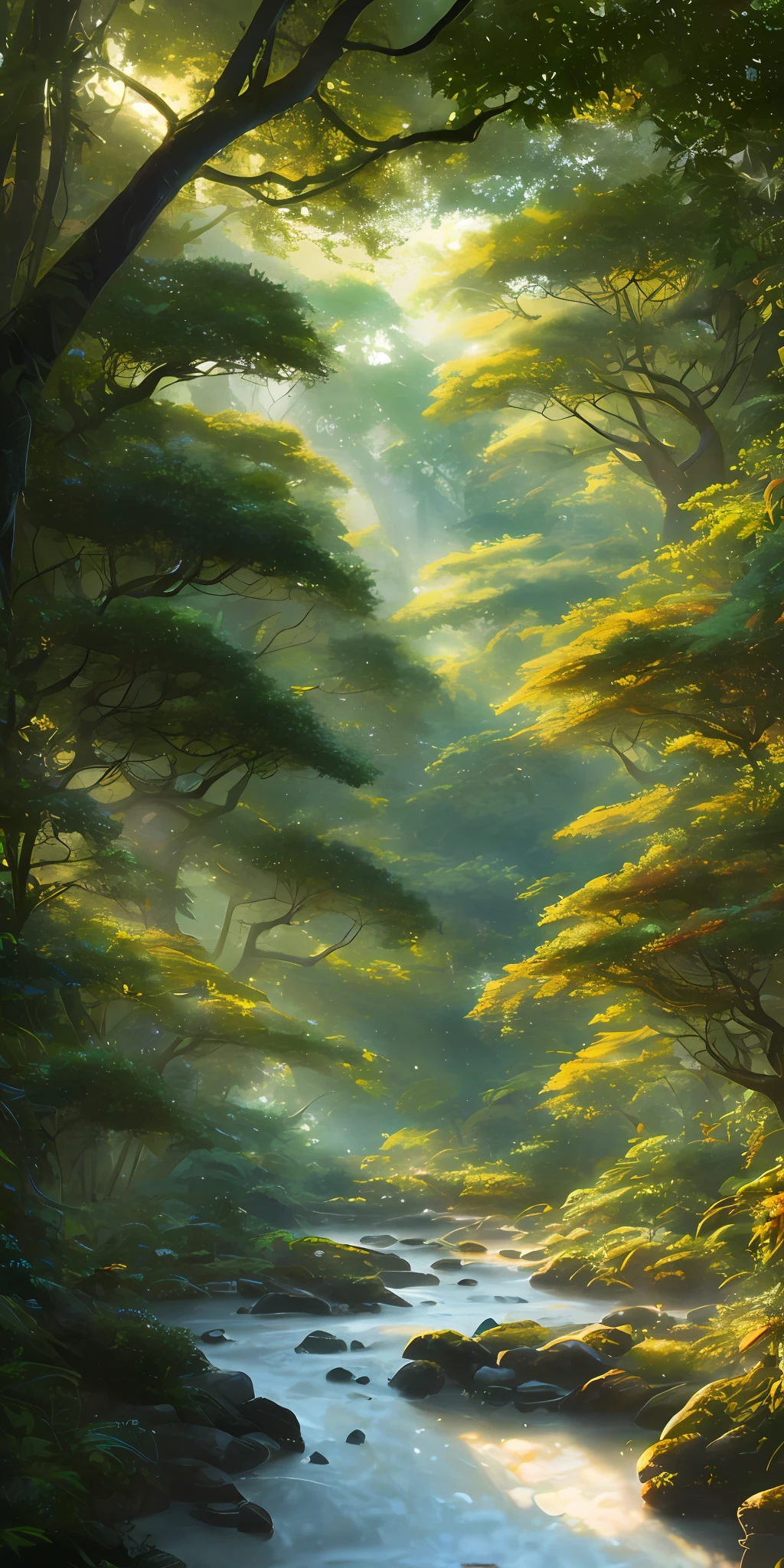 Digital illustration, detailed and intricate, of a lush African savanna filled with exotic flowers, plants and animals, the sunlight filtering through the canopy creating a dappled effect. A quiet river with small steps runs through the jungle, In the style of Yoshitaka Amano and Hayao Miyazaki, masterpiece, proportional, detailed, trending on artstation, beautiful lighting, realistic, intricate, award winning, 4k, highest quality, Award-winning, 4K digital painting in the style of Yoshitaka Amano. Beautiful lighting and cinematic composition make this piece a true masterpiece, trending on artstation