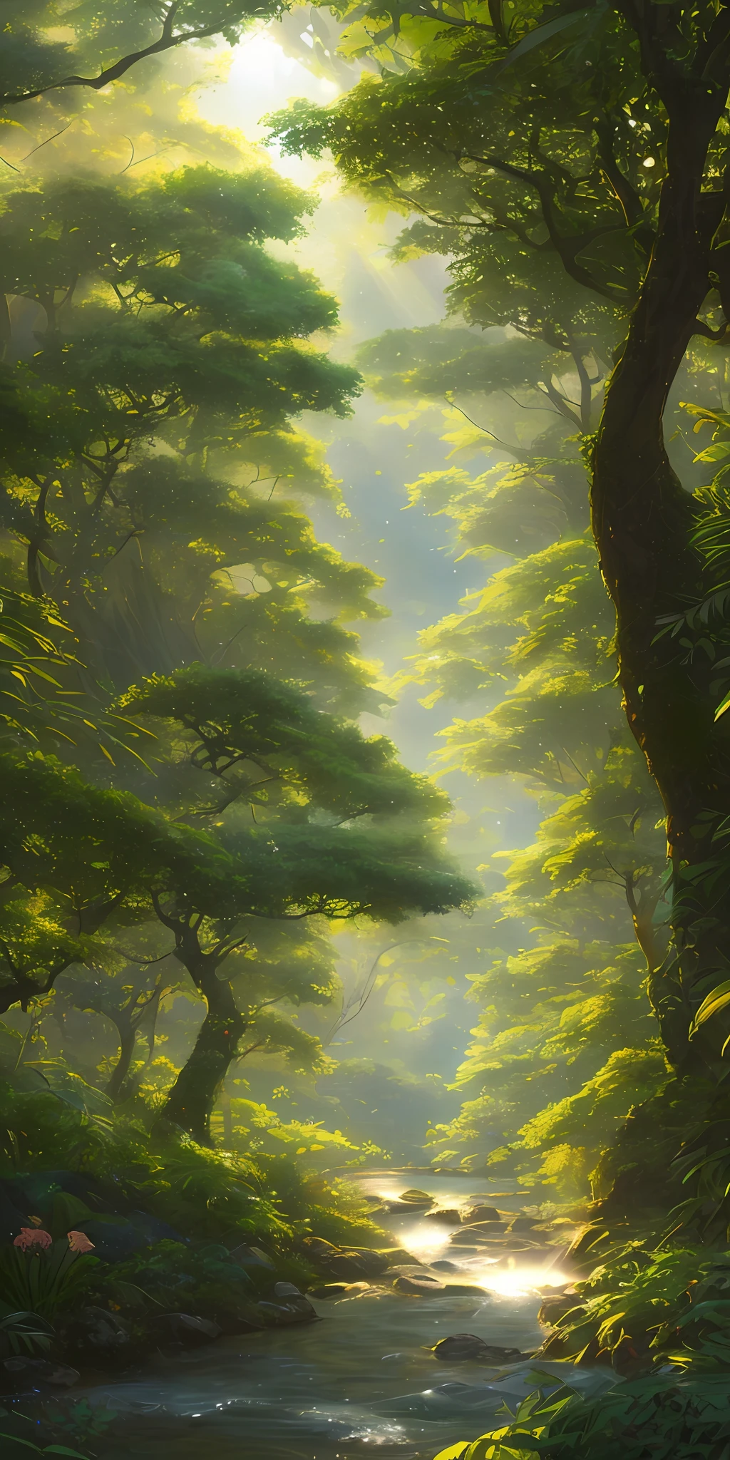 Digital illustration, detailed and intricate, of a lush African savanna filled with exotic flowers, plants and animals, the sunlight filtering through the canopy creating a dappled effect. A quiet river with small steps runs through the jungle, In the style of Yoshitaka Amano and Hayao Miyazaki, masterpiece, proportional, detailed, trending on artstation, beautiful lighting, realistic, intricate, award winning, 4k, highest quality, Award-winning, 4K digital painting in the style of Yoshitaka Amano. Beautiful lighting and cinematic composition make this piece a true masterpiece, trending on artstation