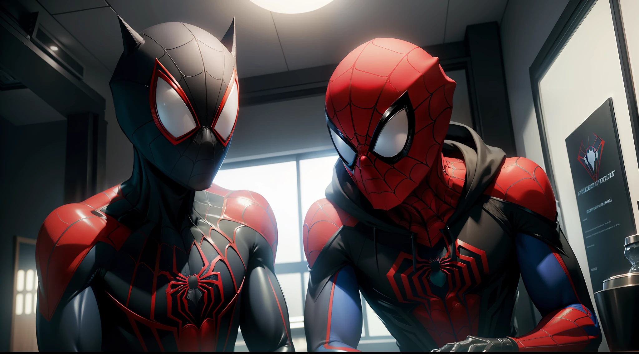spider - man and spider - man in a dark room, , into the spiderverse, spiderverse, into the spider verse, futuristic style spiderman, miles morales!!!, 3840 x 2160, 3840x2160, miles morales, hq 4k wallpaper, rendered in sfm, super detailed render