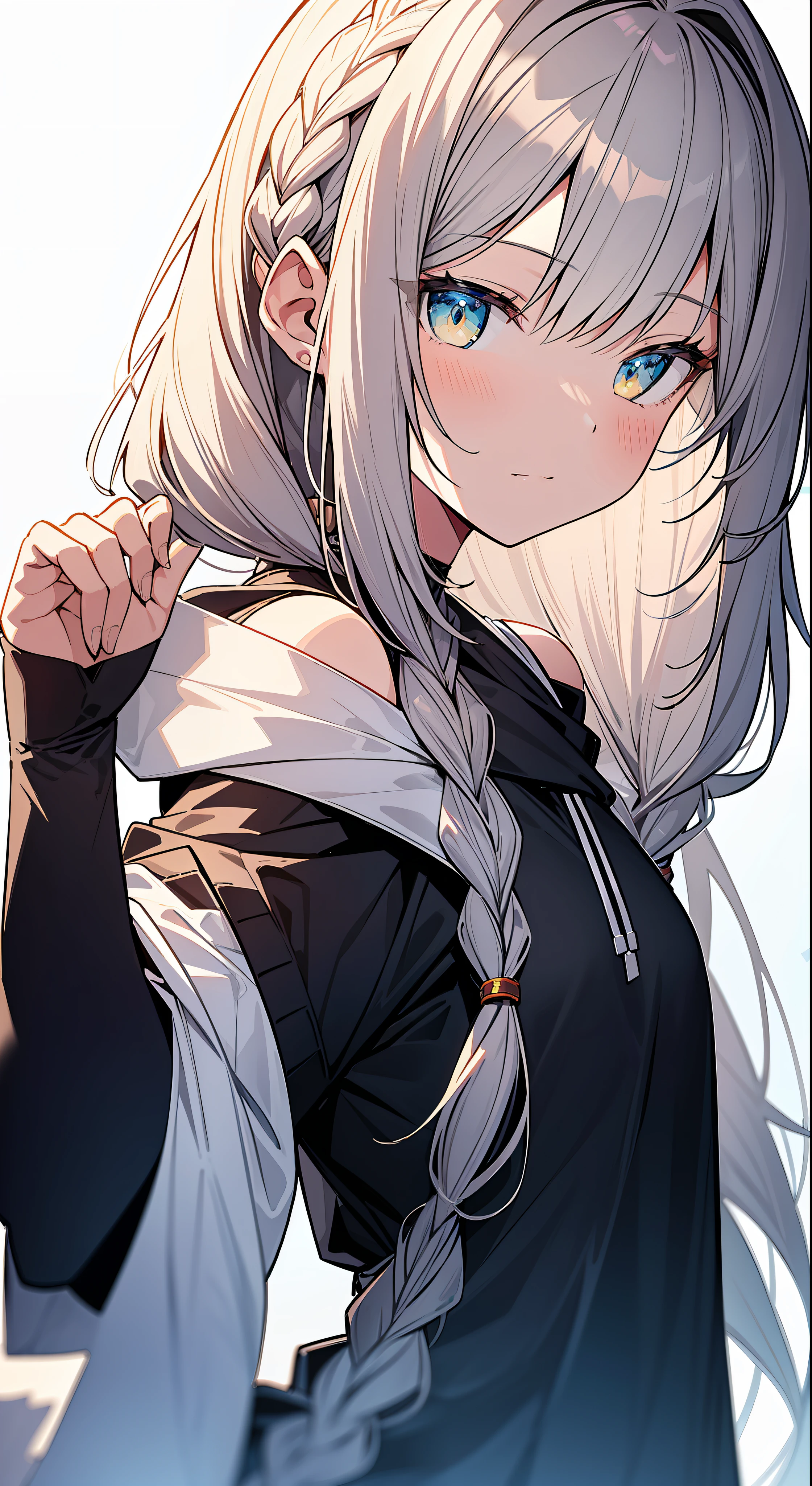 Top Quality, Masterpiece, High Resolution, 8k, Hoodie and Anime Style Girl, One Girl, Detailed Line Art, Bright White and Bright Amber Style, Digital Enhancement, Close Up, Anime Core, Flowing Fabric, Short Braids with shoulder-length hair, Beautiful hair