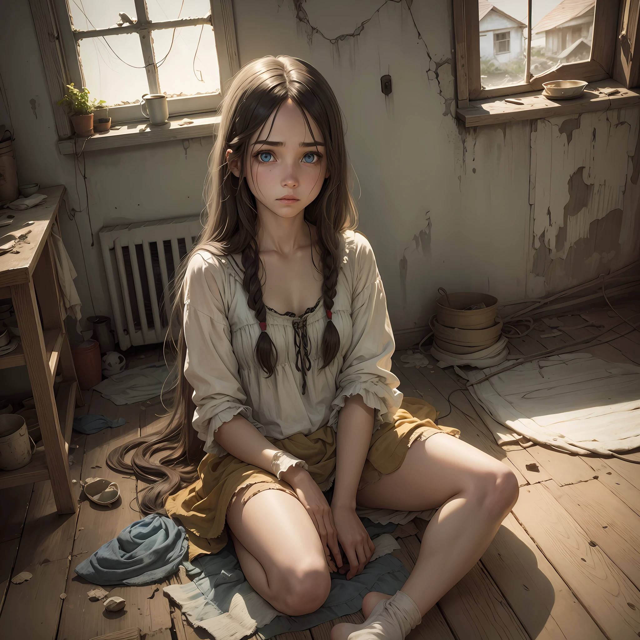 Girl with light eyes and long hair, with a sad appearance in an old house and poorly dressed real person --auto --s2