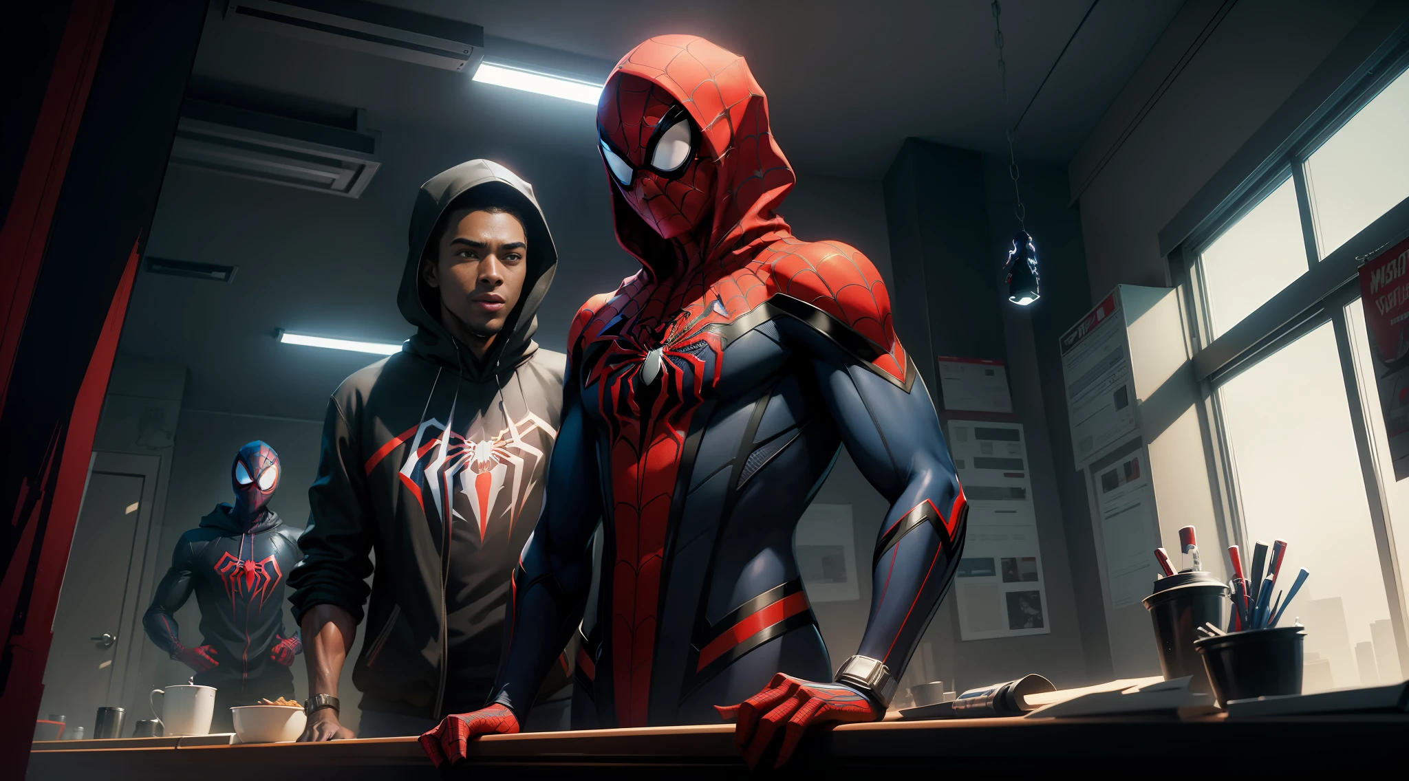 spider - man and spider - man in a dark room, spider - verse art style, into the spiderverse, spiderverse, into the spider verse, futuristic style spiderman, miles morales!!!, 3840 x 2160, 3840x2160, miles morales, hq 4k wallpaper, rendered in sfm, super detailed render