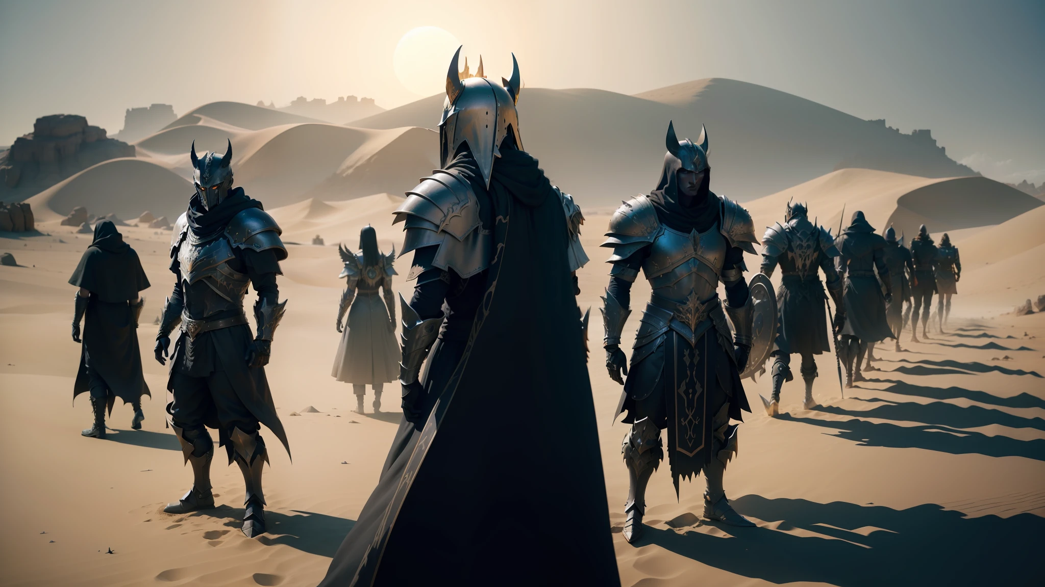 arafed image of a group of people in costumes walking in the desert, berserk skullknight black armor, movie cgi, of lucifer, wearing fantasy clothing, video game screenshot, portrait of sauron, metal garments, loki horns, dunes in the background, arena background, anubis, promotional image --auto --s2
