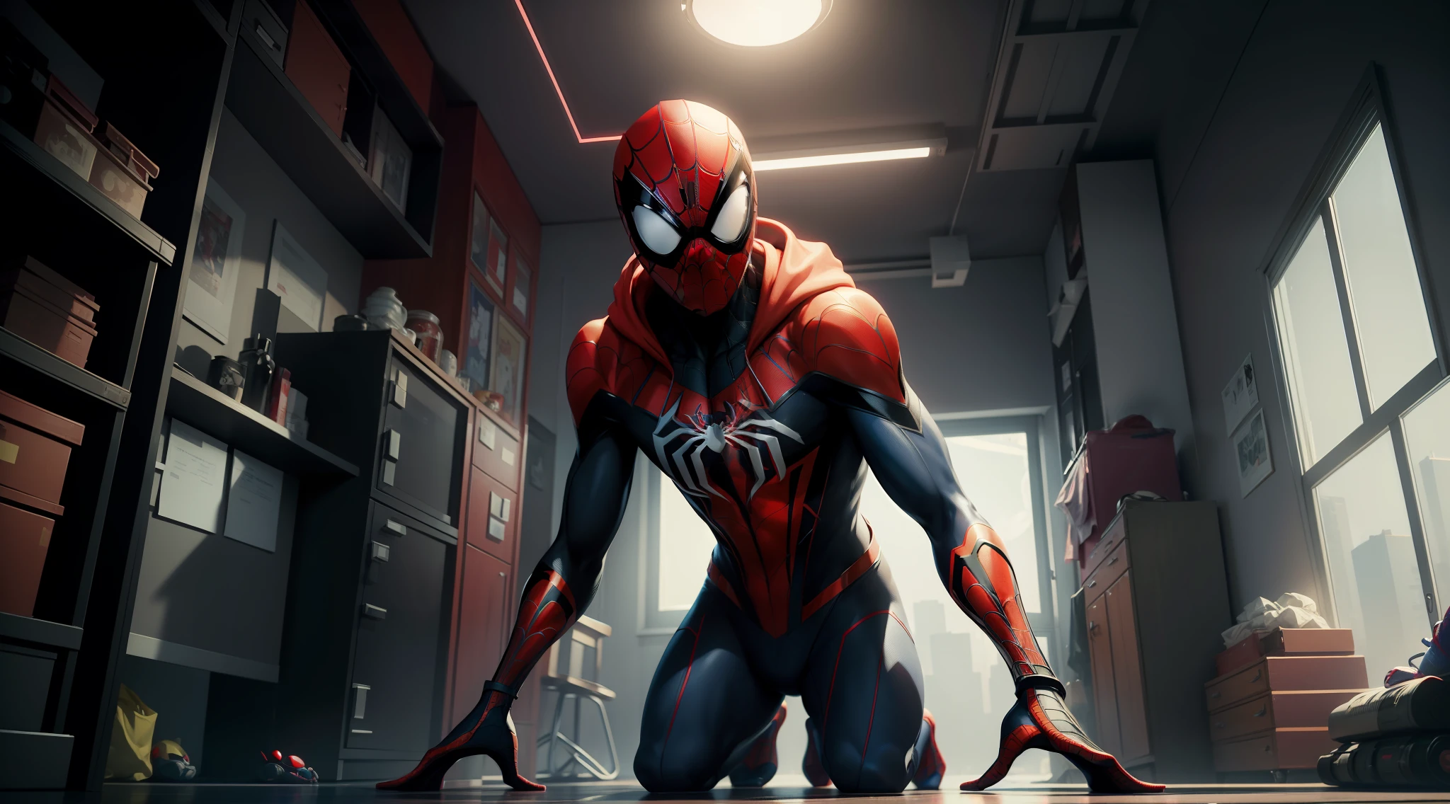 spider - man and spider - man in a dark room, spider - verse art style, into the spiderverse, spiderverse, into the spider verse, futuristic style spiderman, miles morales!!!, 3840 x 2160, 3840x2160, miles morales, hq 4k wallpaper, rendered in sfm, super detailed render