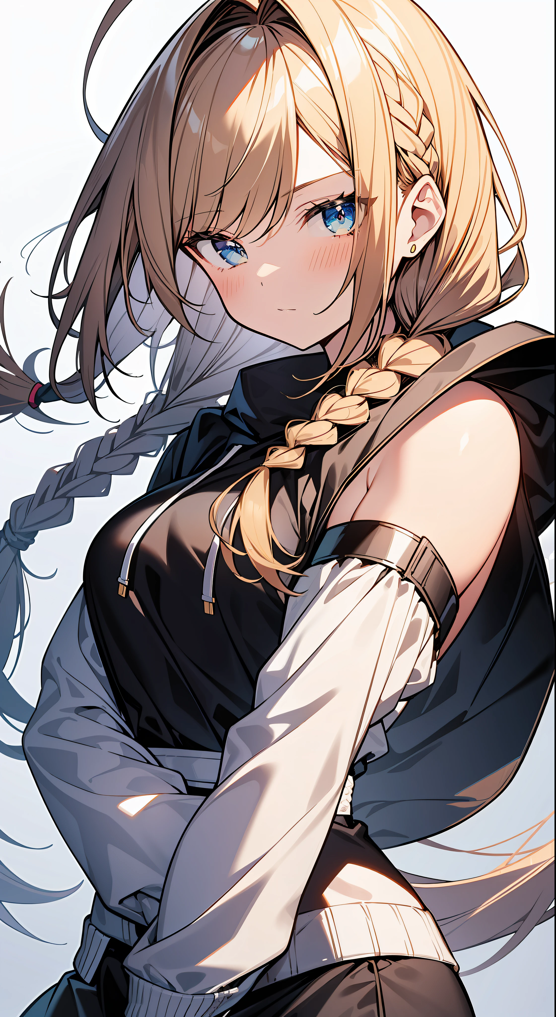 Top Quality, Masterpiece, High Resolution, 8k, Hoodie and Anime Style Girl, One Girl, Detailed Line Art, Bright White and Bright Amber Style, Digital Enhancement, Close Up, Anime Core, Flowing Fabric, Short Braids with shoulder-length hair, Beautiful hair
