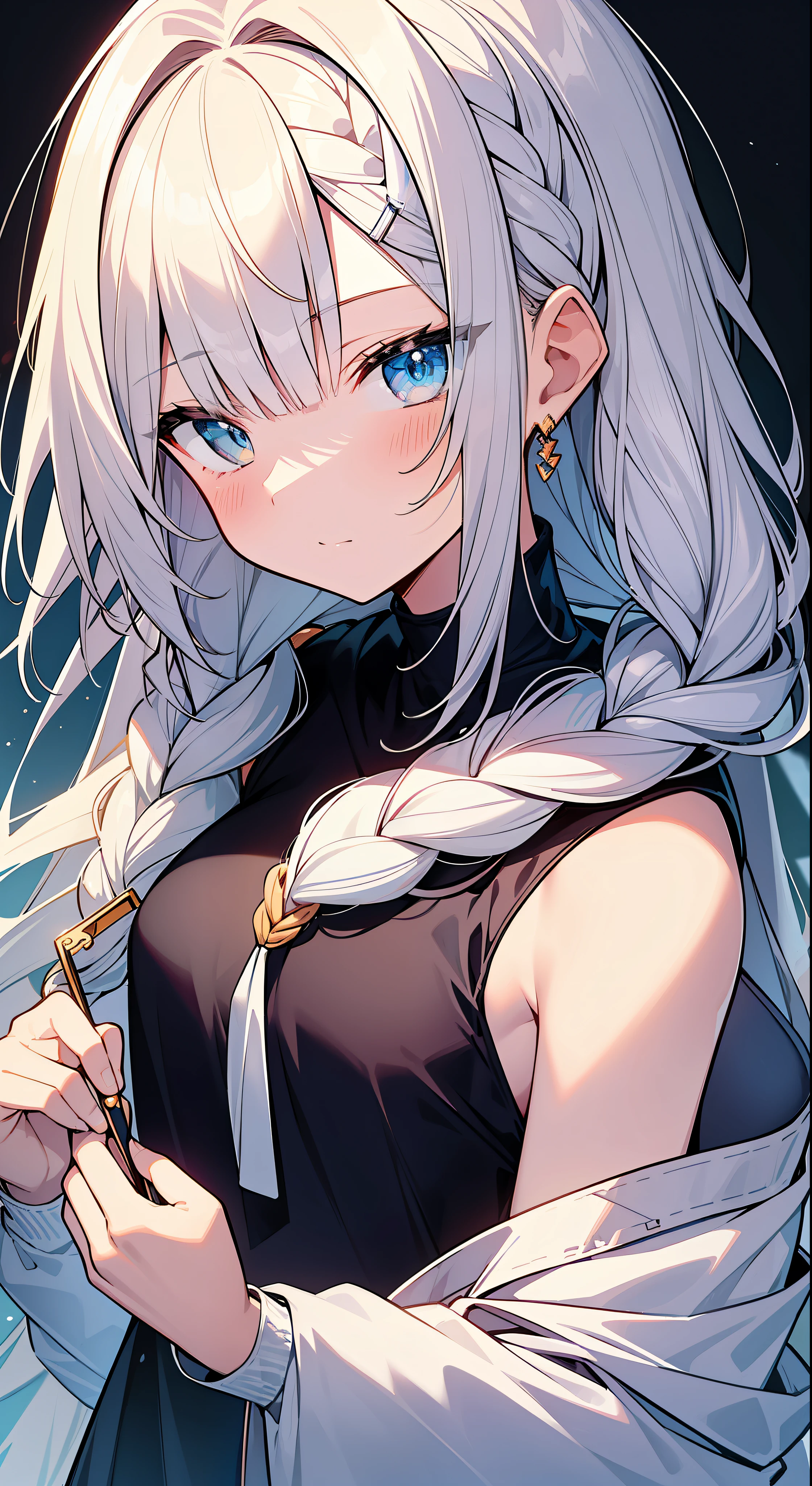 Top Quality, Masterpiece, High Resolution, 8k, Hoodie and Anime Style Girl, One Girl, Detailed Line Art, Bright White and Bright Amber Style, Digital Enhancement, Close Up, Anime Core, Flowing Fabric, Short Braids with shoulder-length hair, Beautiful hair