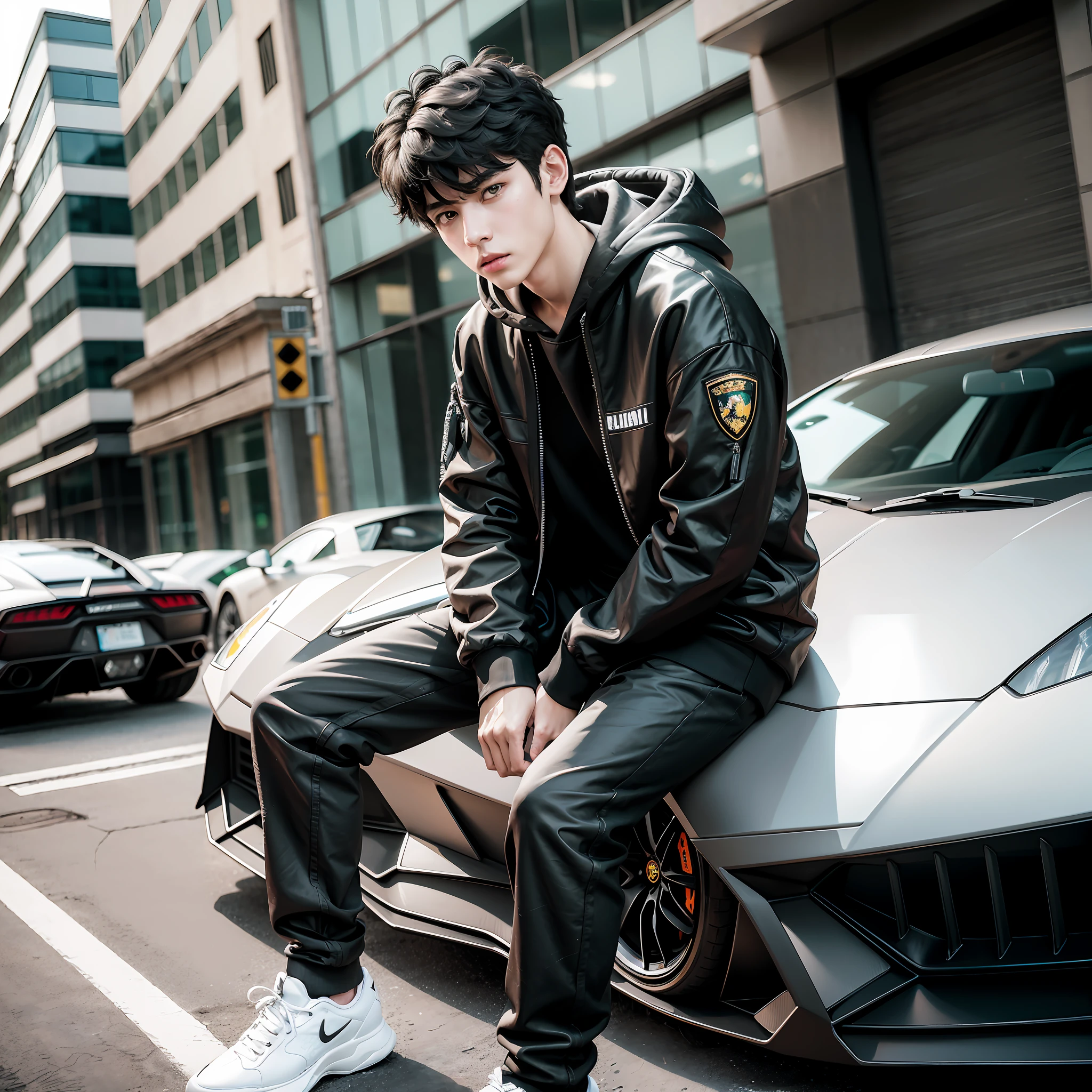 1boy, solo, black hoodie, black long pants, white shoes, front of Lamborghini, street, white skin, 18 year old, sitting irregularly, black hair, black eyes, innocent, detailed face, detailed eyes, Eye-Level Shot, god rays, glowing light, modern, 85mm, Nikon, super detail, textured skin, anatomically correct, highres, best quality, 8k, masterpiece