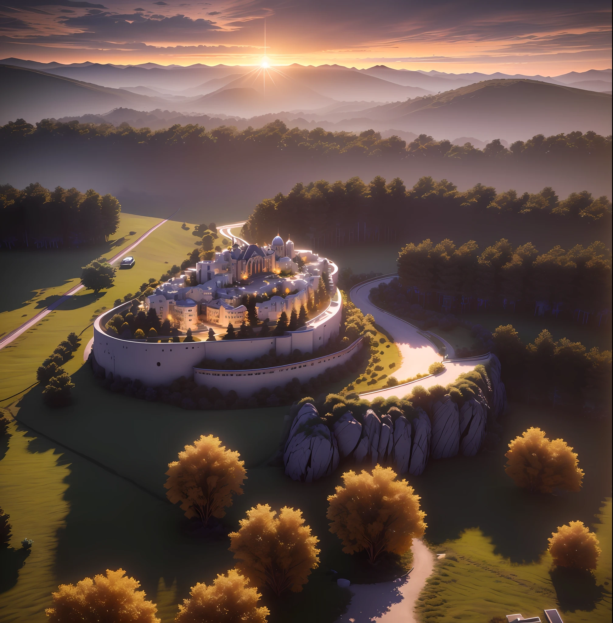 about a villa at sunrise, with shimmering lights, arafed model of a modern apartment building with multiple levels, night time render at 6:00 o'clock, highly detailed render, rendered in lumion pro, semi - realistic render, 3 d render even lit, detailed archviz render, sunrise render or sunset render, architecture render, high render,hyper realistic, supper realistic, rendered in unreal engine 4k hq, rendered in Vray 8k,, fully detailed render, supper detail, brighteness sky, the people, 1 cat, sunrise, sunrise, sunrise, city villa, beautyful day
