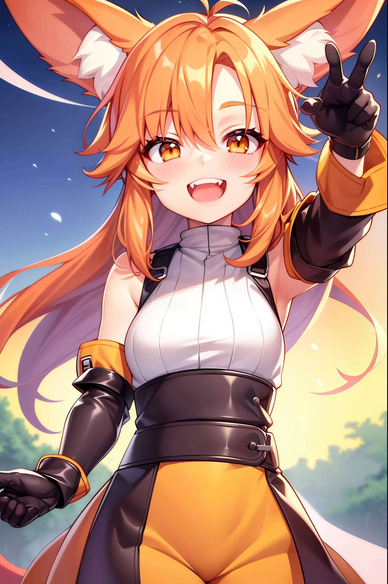 1girl,folded_ponytail,gloves,sky,solo,upper_body,
looking at the viewer, masterpiece, best quality, fox ears, long straight orange hair, adventurous outfit, smiling, open mouth showing the canines, sheath at the waist, yellow eyes, making a v with fingers for the viewer, improve hands