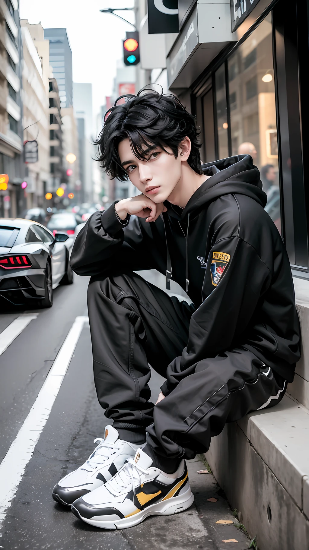1boy, solo, black hoodie, black long pants, white shoes, front of Lamborghini, street, white skin, 18 year old, sitting irregularly, black hair, black eyes, innocent, detailed face, detailed eyes, Eye-Level Shot, god rays, glowing light, modern, 85mm, Nikon, super detail, textured skin, anatomically correct, highres, best quality, 8k, masterpiece