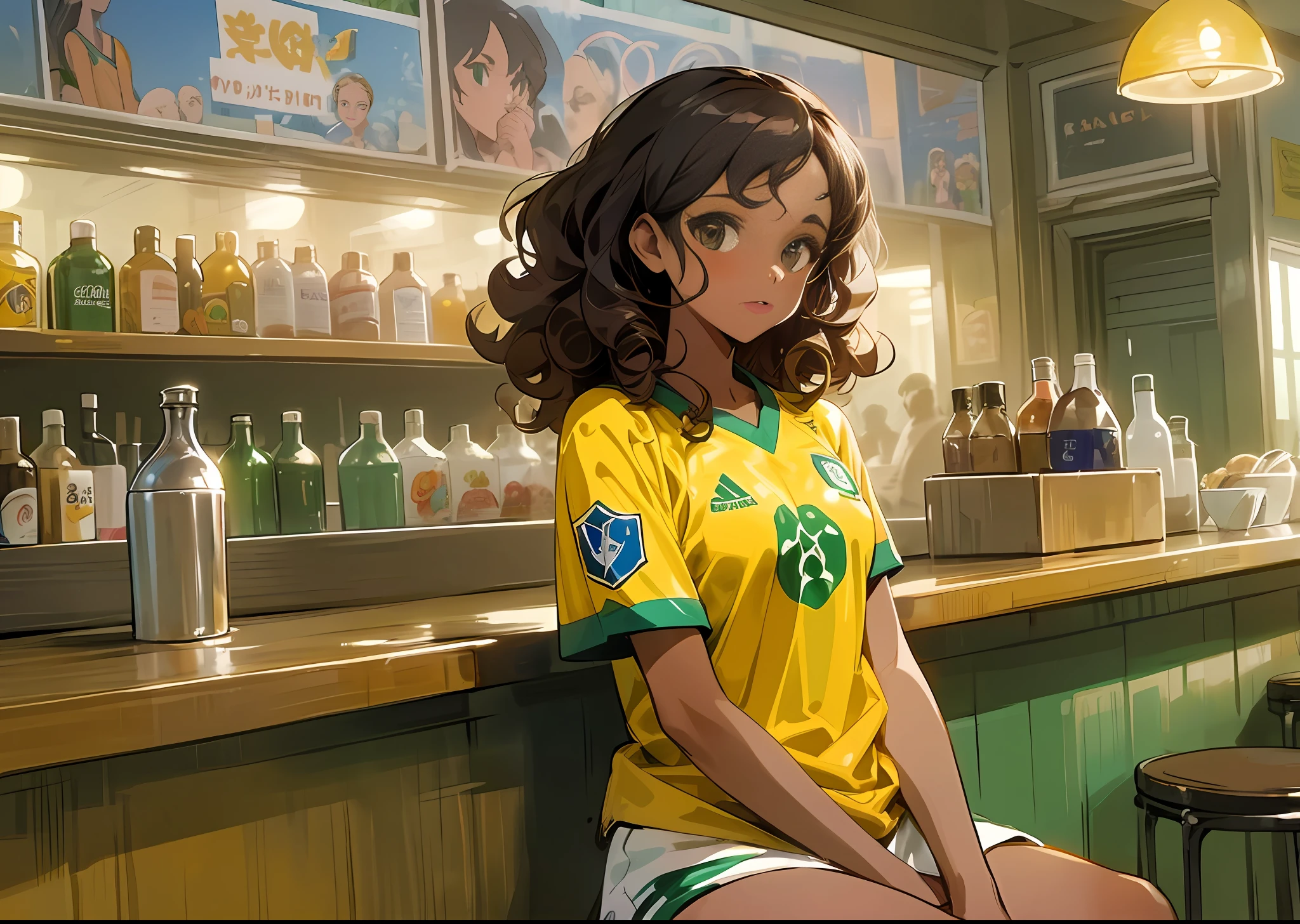 1girl, beautiful face, delicate beauty, curly hair, tanned skin, ribbon marquee, sitting in a bar watching a soccer match, favela, hand behind body, wearing a yellow shirt of the brazilian soccer team, movie scene, cinematic environment, based in Rio de Janeiro