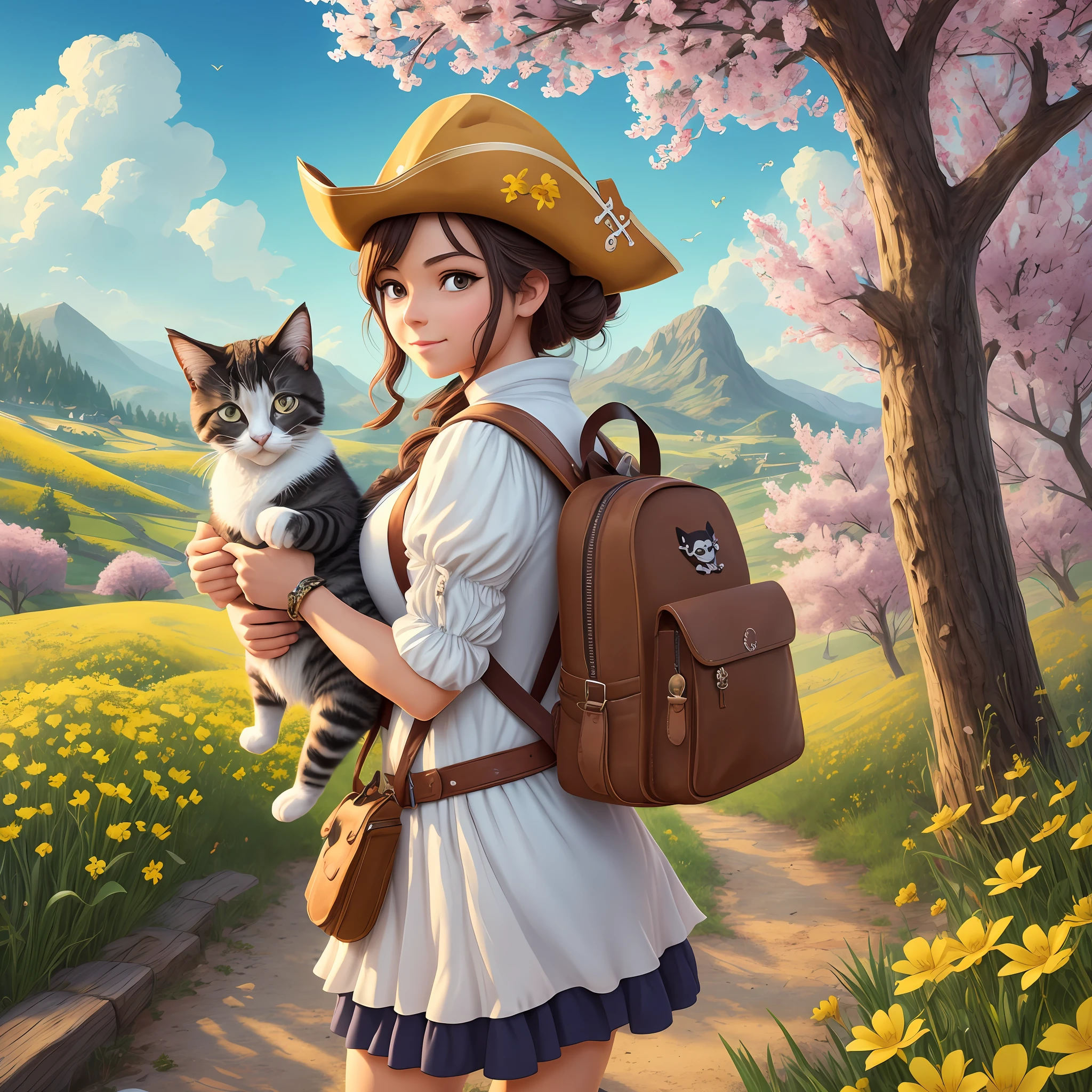 Prompt: An incredibly charming sexy pirate carrying a backpack, accompanied by her adorable kitten, enjoying an adorable spring ride surrounded by gorgeous yellow flowers and natural landscapes. The illustration is in high definition in 4k resolution, with highly detailed facial features and cartoon-style visuals. --auto --s2