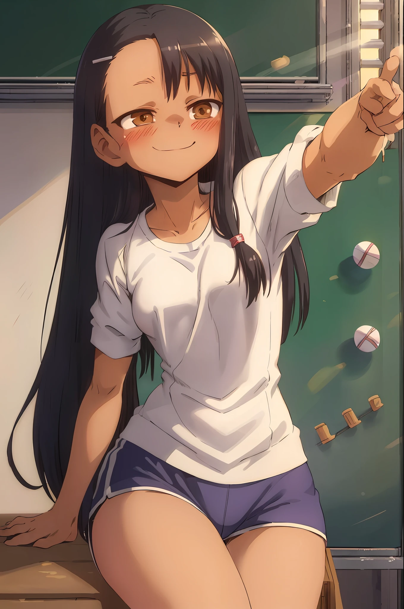 Anime,((Best quality)), ((masterpiece)), (highly detailed:1.3), cinematic lighting, detailed, extremely detailed, nagatoro hayase, one eye (slightly) closed, brown eyes, black hair, long hair, dark skin,2 hairpins, volleyball uniform, shorts, mischievous smile, neckline, small breasts, (bottom:1.2), curved, blush, classroom