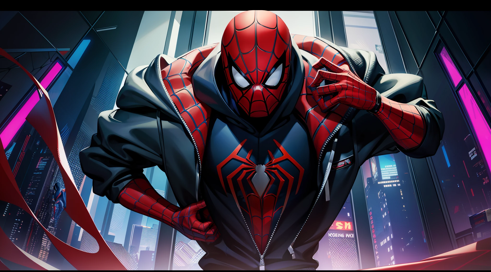 spider - man and spider - man in a dark room, spider - verse art style, into the spiderverse, spiderverse, into the spider verse, futuristic style spiderman, miles morales!!!, 3840 x 2160, 3840x2160, miles morales, hq 4k wallpaper, rendered in sfm, super detailed render