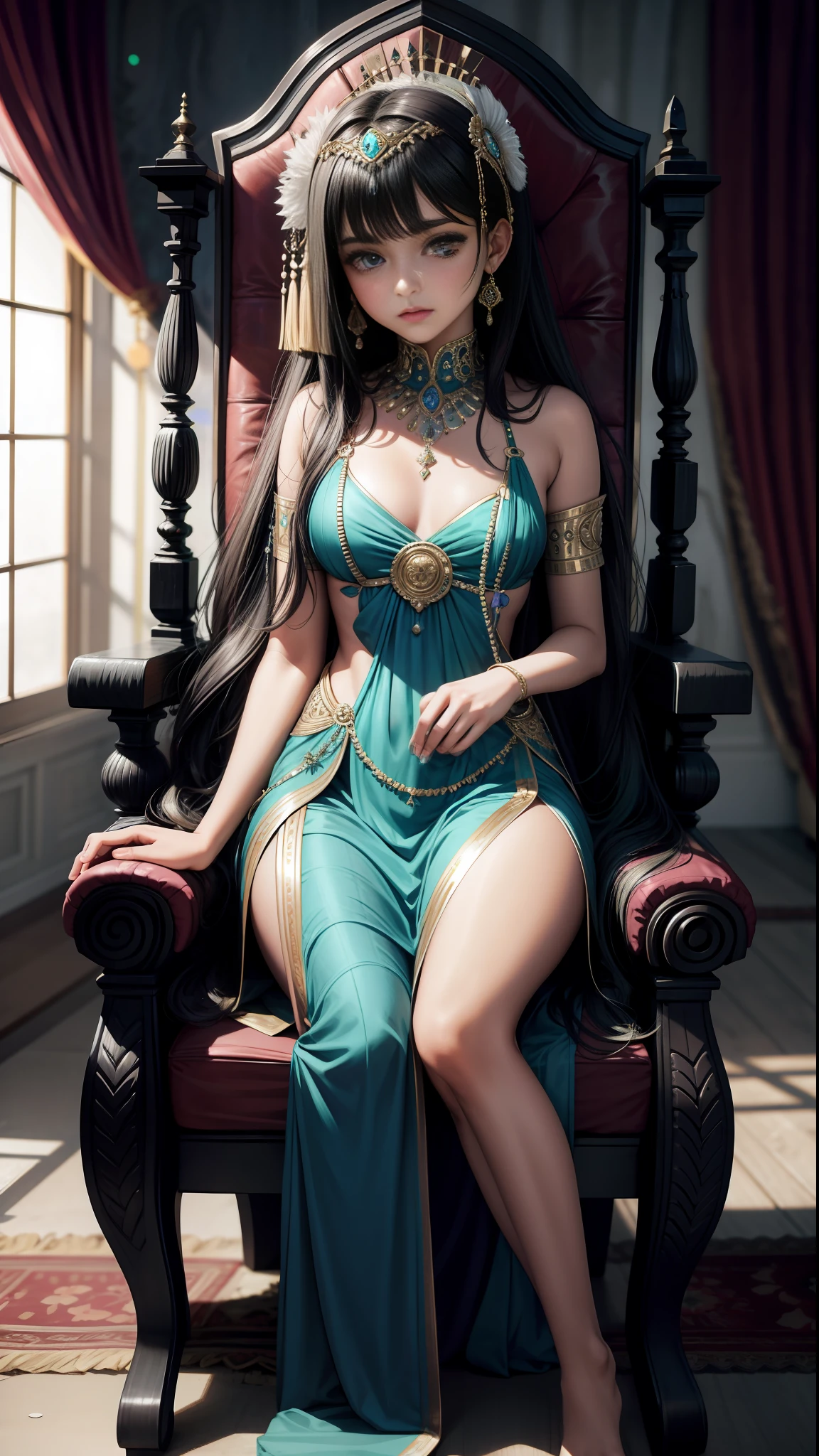 Masterpiece, highest quality, high resolution, solo Indian girl, small breasts, sexy long small peacock dress, unconcerned, NSFW, small breasts, in small island, sitting on royal chair, unconcerned, NSFW, lusty, heavy breathing, sexual expression