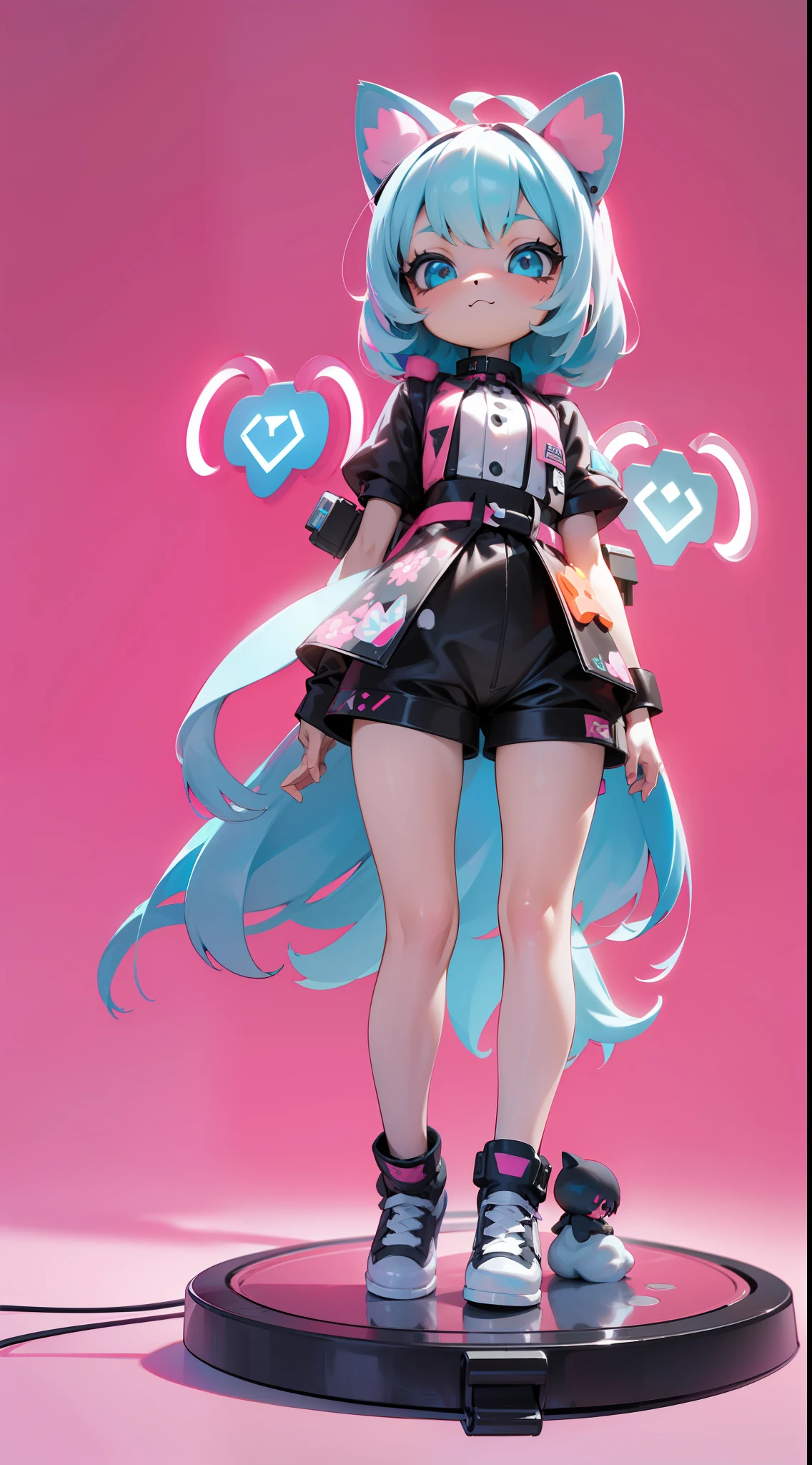 (masterpiece: 1.2, best quality), 3d, (full body, chibi :1.5), 1girl, cute, pop mart, blindbox, simple pattern background, gamer, egirl, girl with floppy dog ears, dog ears, dog tail, rgb lights, glowing neon decoration, neon lights, office, playstation, screens, gaming controller, playful, long eyelashes, stand, diorama, collectible toy, 8k, (beautiful detailed face), (beautiful detailed eyes), color palette: light blue, pink, black