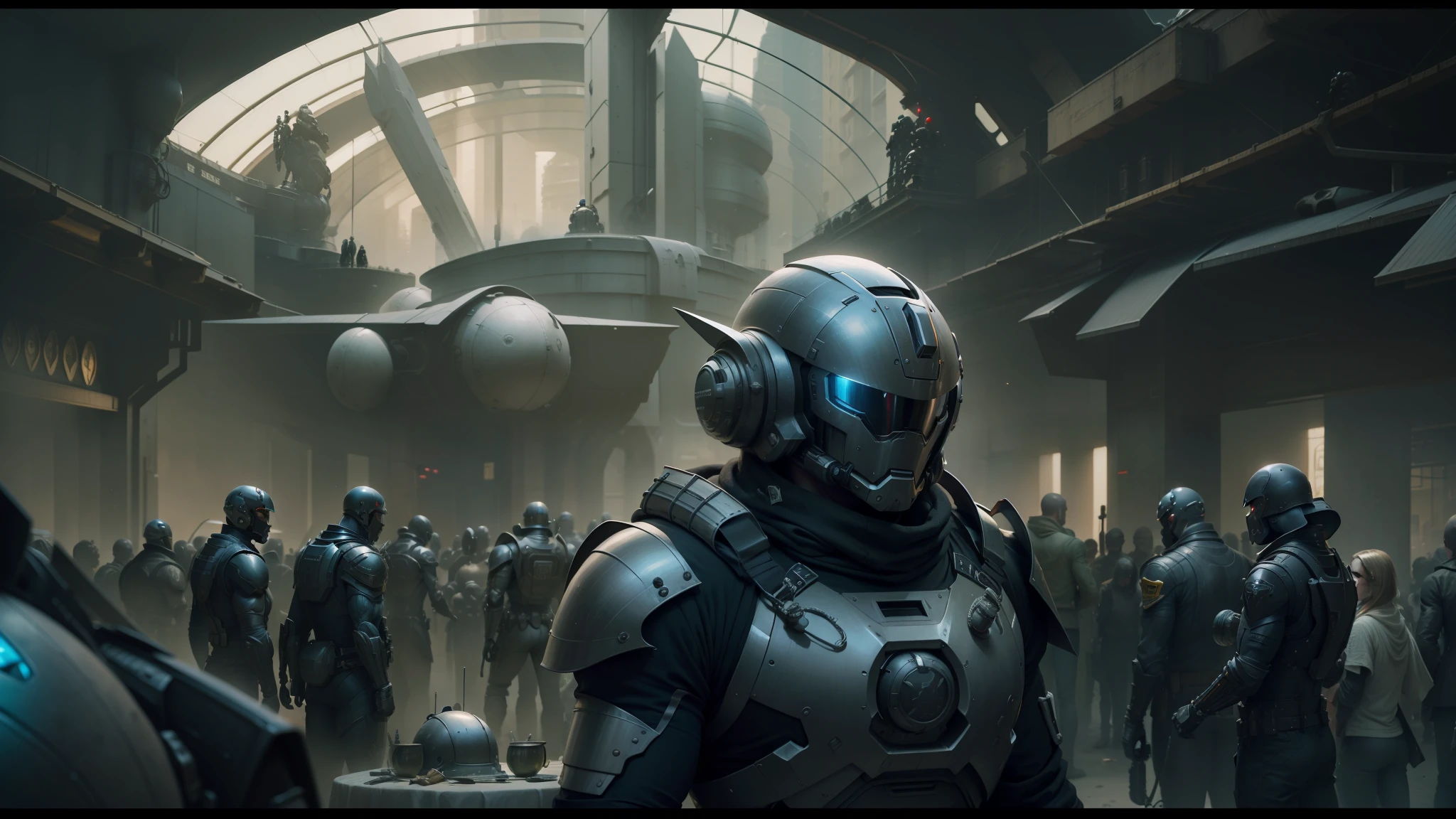 a close up of a person in a helmet and a bunch of people, cinematic design, metabaron, beautiful sci - fi twins, 3 dmax, scarab, by Christopher Moeller, armored warrior, by Alejandro Burdisio, by Stanisław Tondos, featured in cinematic, terran trade authority --auto --s2