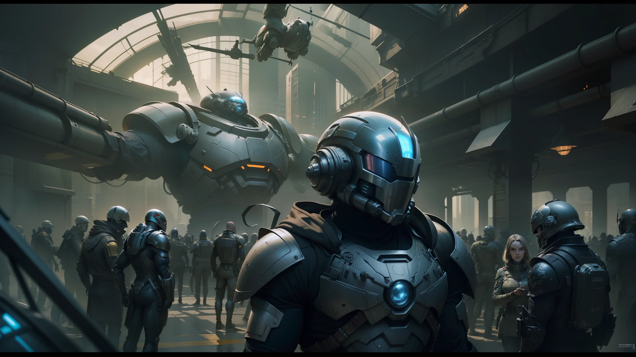 a close up of a person in a helmet and a bunch of people, cinematic design, metabaron, beautiful sci - fi twins, 3 dmax, scarab, by Christopher Moeller, armored warrior, by Alejandro Burdisio, by Stanisław Tondos, featured in cinematic, terran trade authority --auto --s2