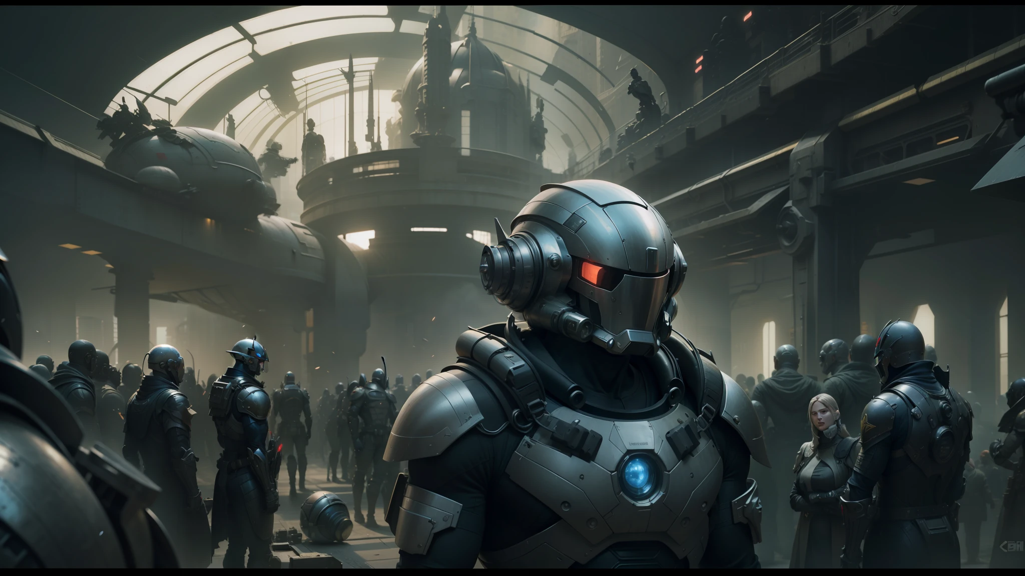 a close up of a person in a helmet and a bunch of people, cinematic design, metabaron, beautiful sci - fi twins, 3 dmax, scarab, by Christopher Moeller, armored warrior, by Alejandro Burdisio, by Stanisław Tondos, featured in cinematic, terran trade authority --auto --s2