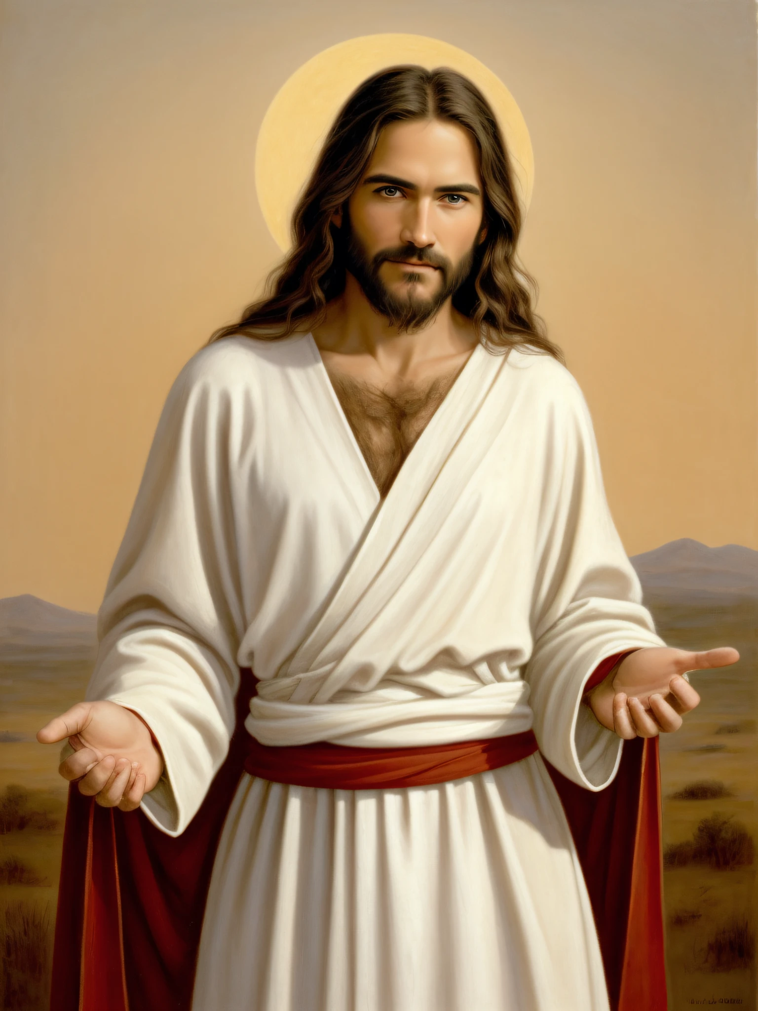 ((Best Quality)), ((Masterpiece)), ((Realistic)) standing depiction of Jesus of Nazareth, adorned in a white robe and red cloak. The artwork should convey a sense of grace, compassion, and approachability. Jesus should be portrayed with a soft countenance, emanating warmth and kindness. His gaze should reflect a friendly look and his endearing smile should radiate joy and love. The setting should be an open space, with a serene backdrop that enhances the presence of Jesus. The lighting should be soft and gentle, illuminating Jesus with a divine glow. The artwork must be created in a realistic style using oil on canvas as the medium. The color chart should be composed of warm tones, symbolizing love and spirituality, with the contrasting red mantle drawing attention to the presence of Jesus. Details must be intricately captured, ensuring a high-definition representation that evokes a feeling of awe and connection. The overall composition should invite viewers to experience the compassion and love that Jesus embodies. At eye level, scenic, masterpiece.