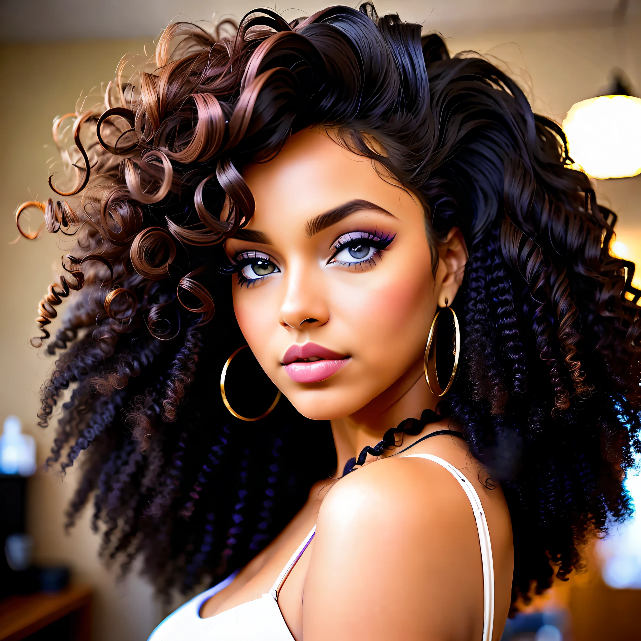 Brown woman
Curly hair
Large eyelashes
Blue eyes
Fleshy lips
Big hair