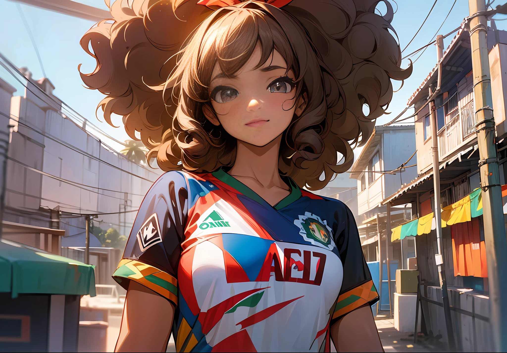 1girl, anime girl, beautiful face, latin american beauty, curly hair, tanned skin, ribbon marquee, enjoying carnival, favela, wearing a shirt of the brazilian soccer team, movie scene, cinematic environment, based in rio de janeiro, closeup whole body-