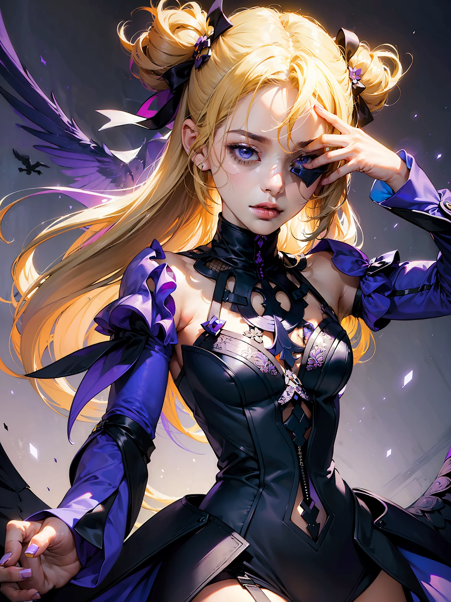 ((masterpiece,best quality)),(negative space:1.4),(1girl, solo:1.4),beautiful detailed eyes,blond hair with 2 ponytails, dark purple gothic dress, purple and yellow fractals background, ravens flying