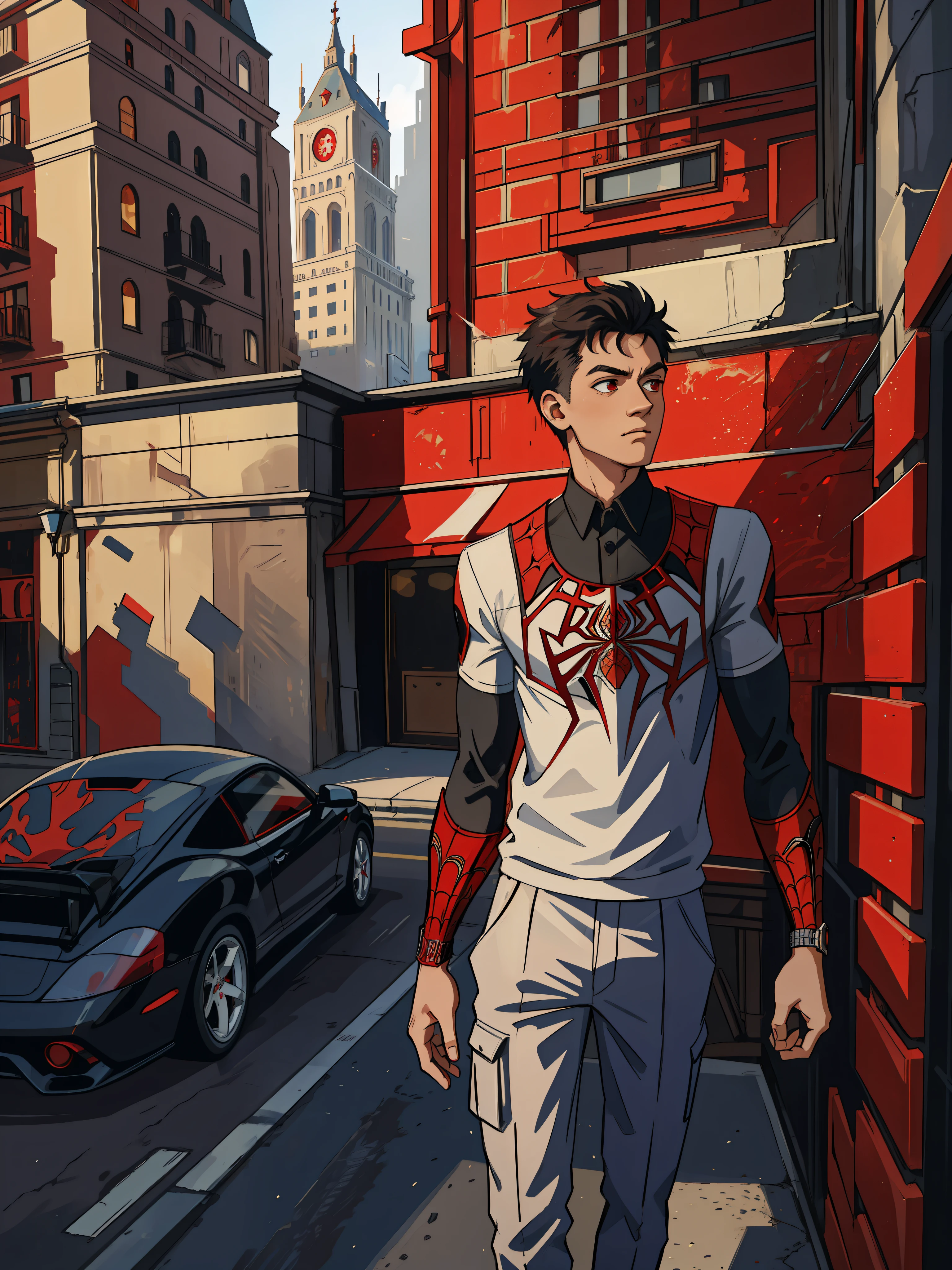 (masterpiece, best quality), intricate details, 8k, artstation, wallpaper, official art, splash art, sharp focus,
1boy, short hair, a red mess, red eyes, white hair,
Miles morales costume, spider web print, spider web,
skyscrapers, city, buildings, cars, street,
