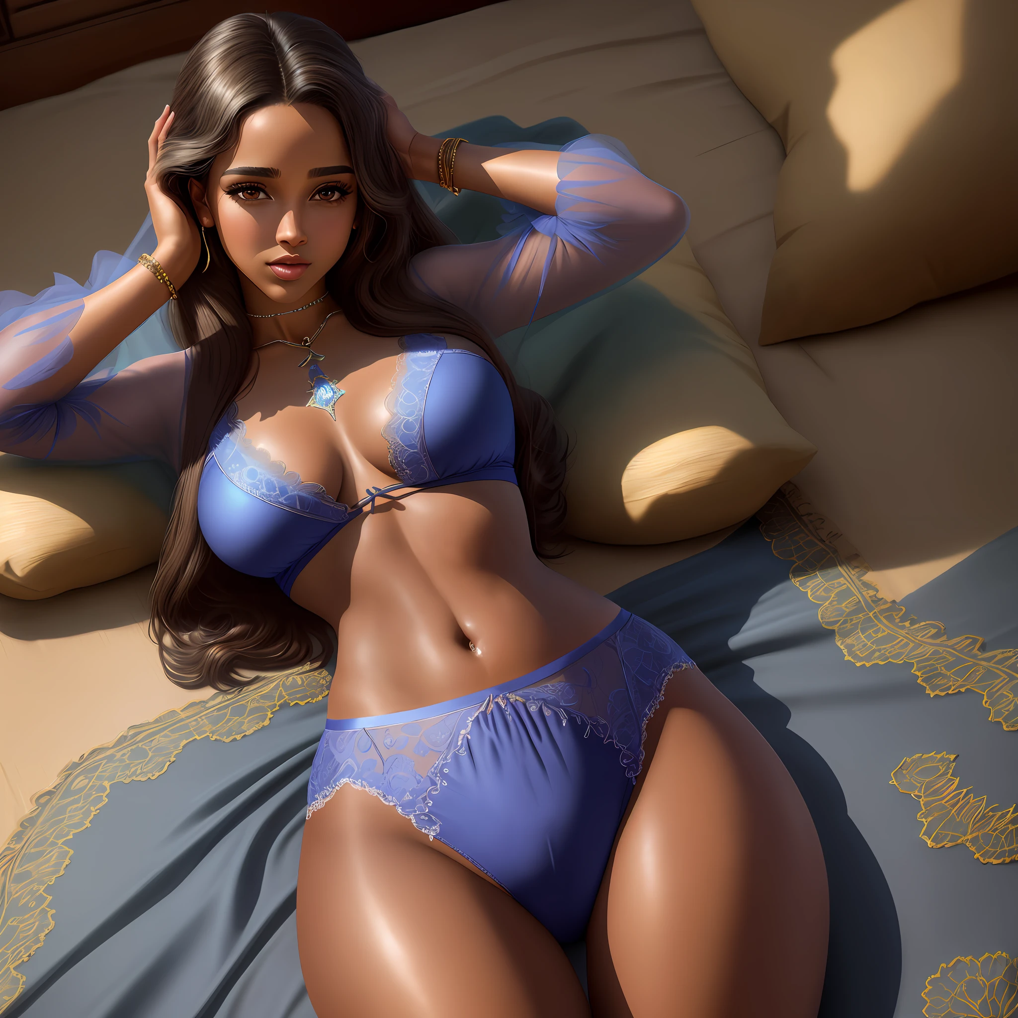 Photorealista, foto raw, hiper detalhado, background detalhado, luzes de Studio, aberração cromática, melhores sombras, solo, 1 woman, Naomi Scott as princess jasmine, Brown skin, Brown eyes, wearing sexy Royal BLUE outfit in the palace bedroom, old arabia, ombros a mostra, umbigo a mostra, lace, makeup, tight Boobs, flores, plantas, shiny oiled skin, deitada na cama (((touching her own crotch))), cinematic, realistic skin texture, hdr, 8k, sharp focus