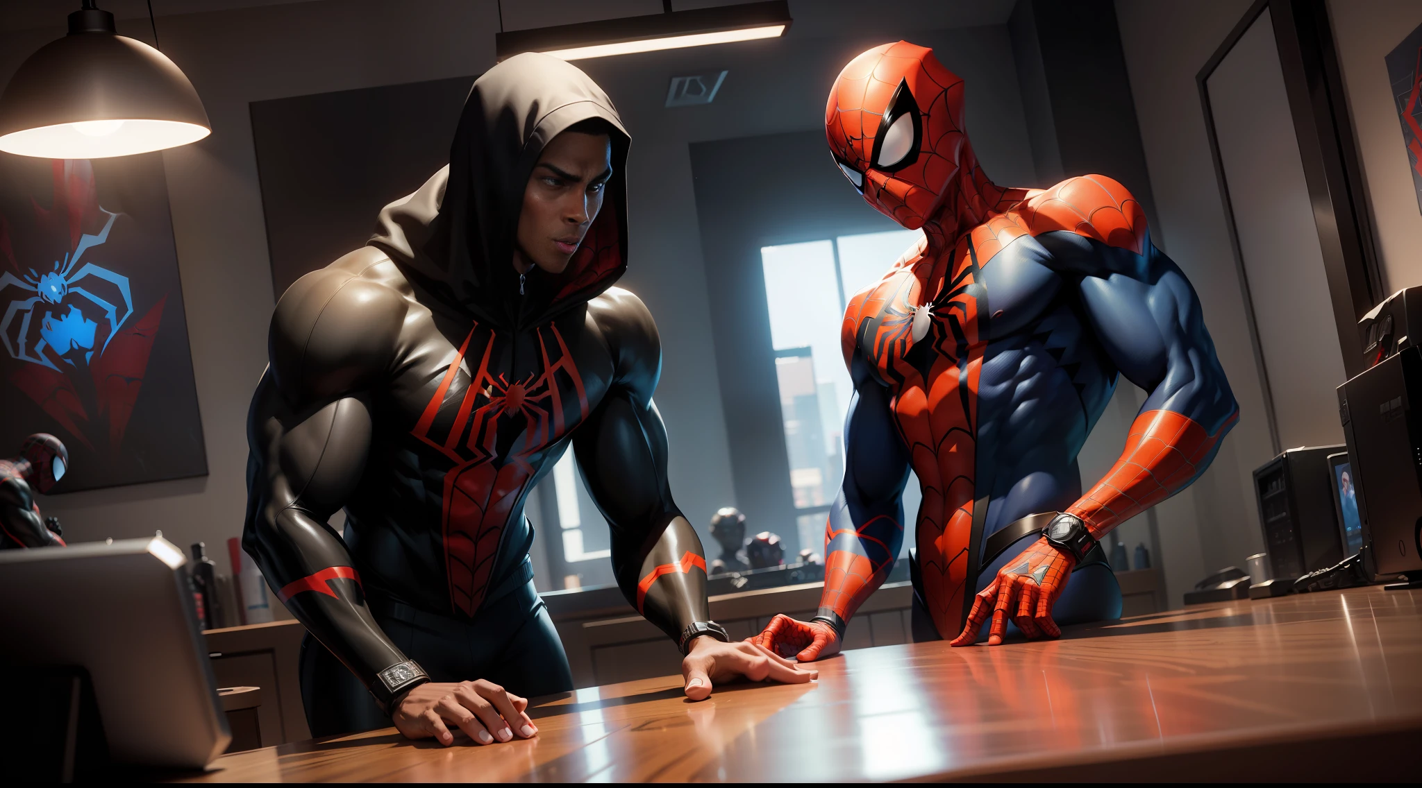 spider man bodybuilder - spider - man and spider - man in a dark room, spider - verse art style, into the spiderverse, spiderverse, into the spider verse, futuristic style spiderman, miles morales!!!, 3840 x 2160, 3840x2160, miles morales, hq 4k wallpaper, rendered in sfm, super detailed render